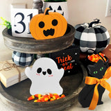 Wooden Halloween Tiered Tray Decor Set – Pumpkin, Ghost & Black Cat Signs (3 Pieces)