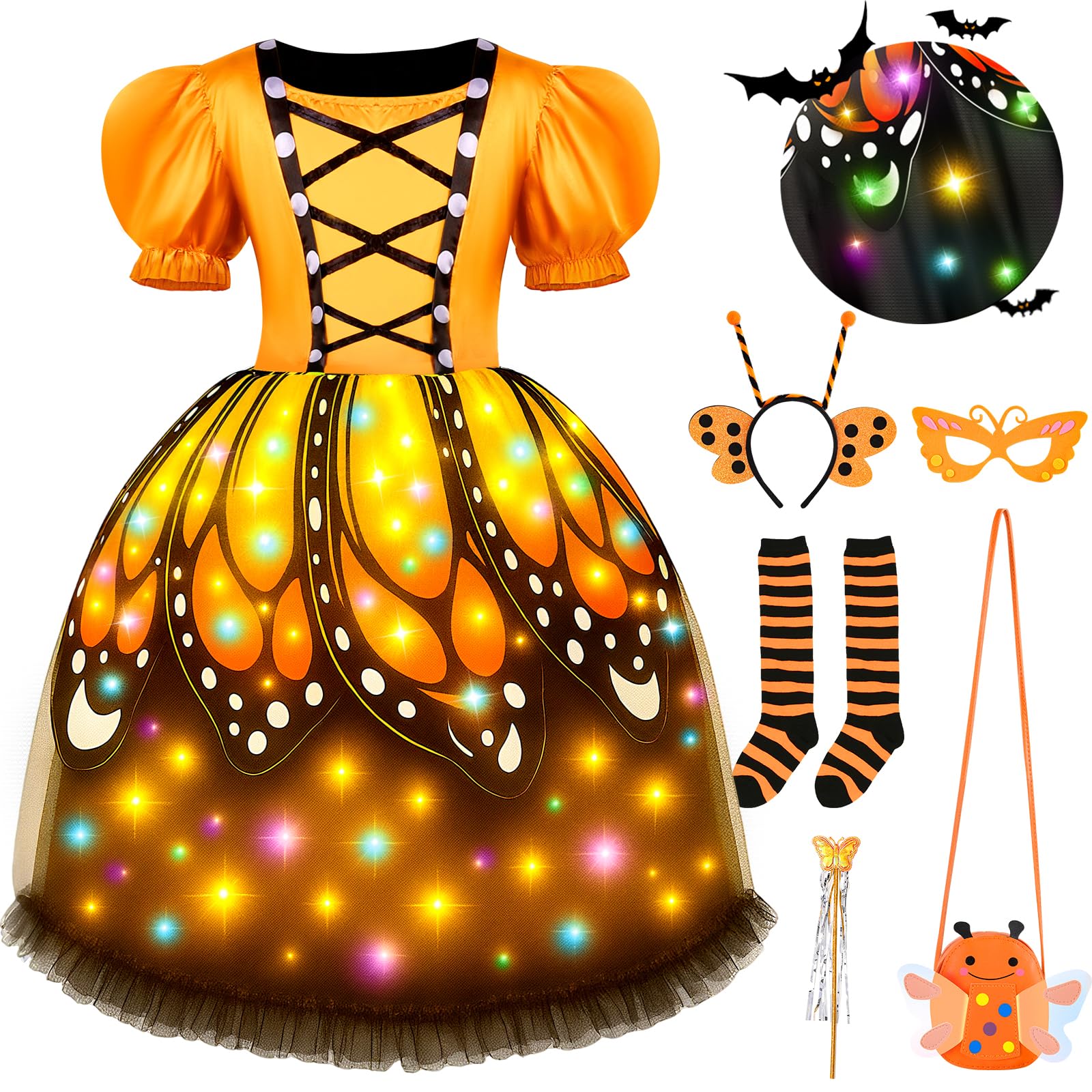 Kids Butterfly Fairy Costume with LED Wings – 6-Piece Set Includes Tutu Dress, Wand, Headband, Mask, and Candy Bag for Halloween & Parties (Ages 4–11)