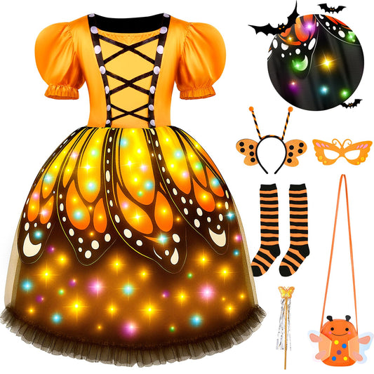 Kids Butterfly Fairy Costume with LED Wings – 6-Piece Set Includes Tutu Dress, Wand, Headband, Mask, and Candy Bag for Halloween & Parties (Ages 4–11)