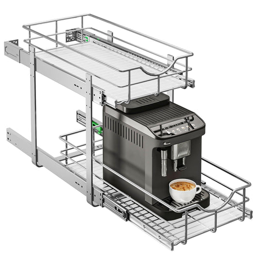 2-Tier Pull-Out Kitchen Cabinet Organizer with Soft-Close Slides – Heavy-Duty Pantry Drawer Shelf with Non-Slip Liner