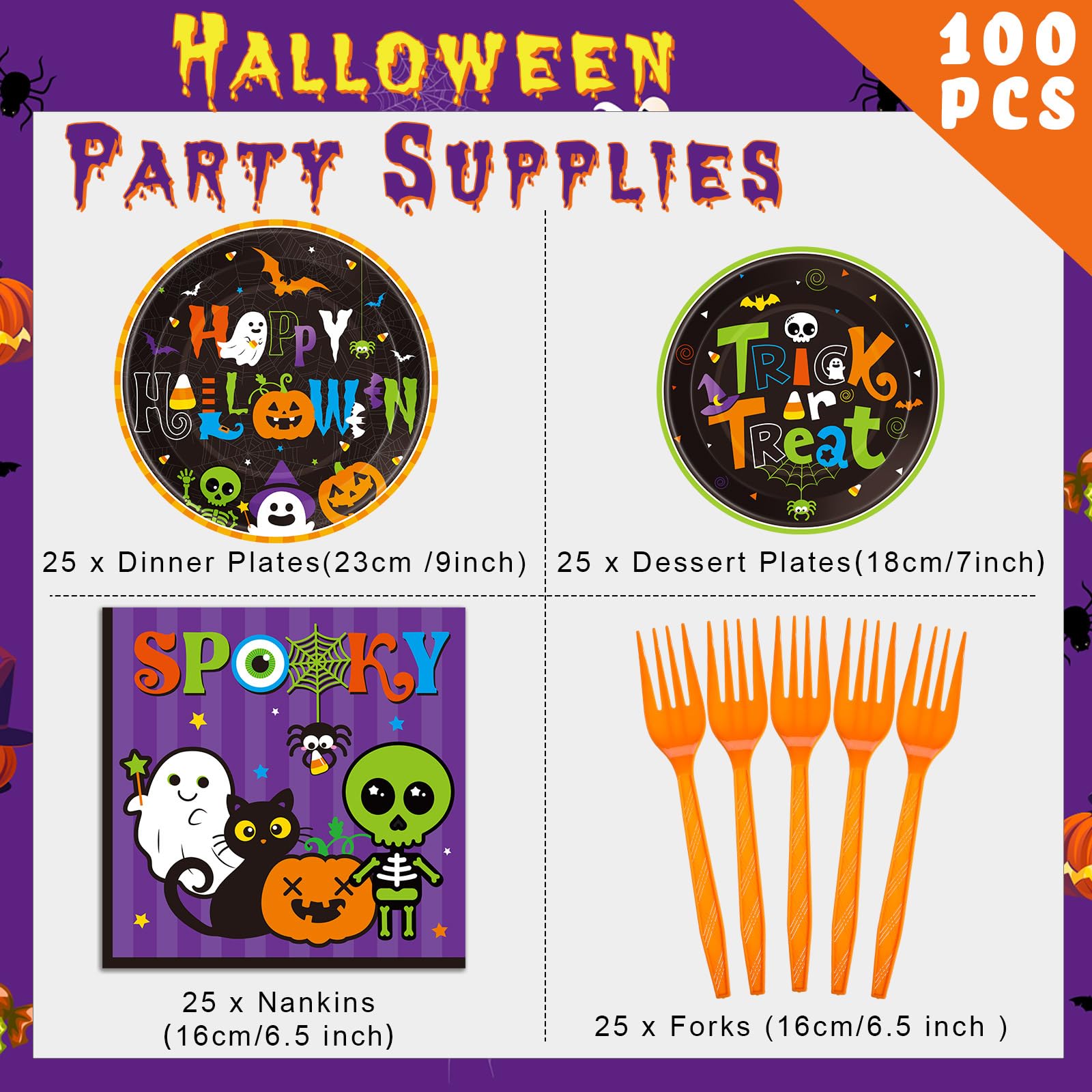 Halloween Party Plates & Tableware Set – 100 Pcs for 25 Guests, Includes Plates, Forks & Napkins – Classic Halloween Colors & Designs