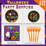 Halloween Party Plates & Tableware Set – 100 Pcs for 25 Guests, Includes Plates, Forks & Napkins – Classic Halloween Colors & Designs