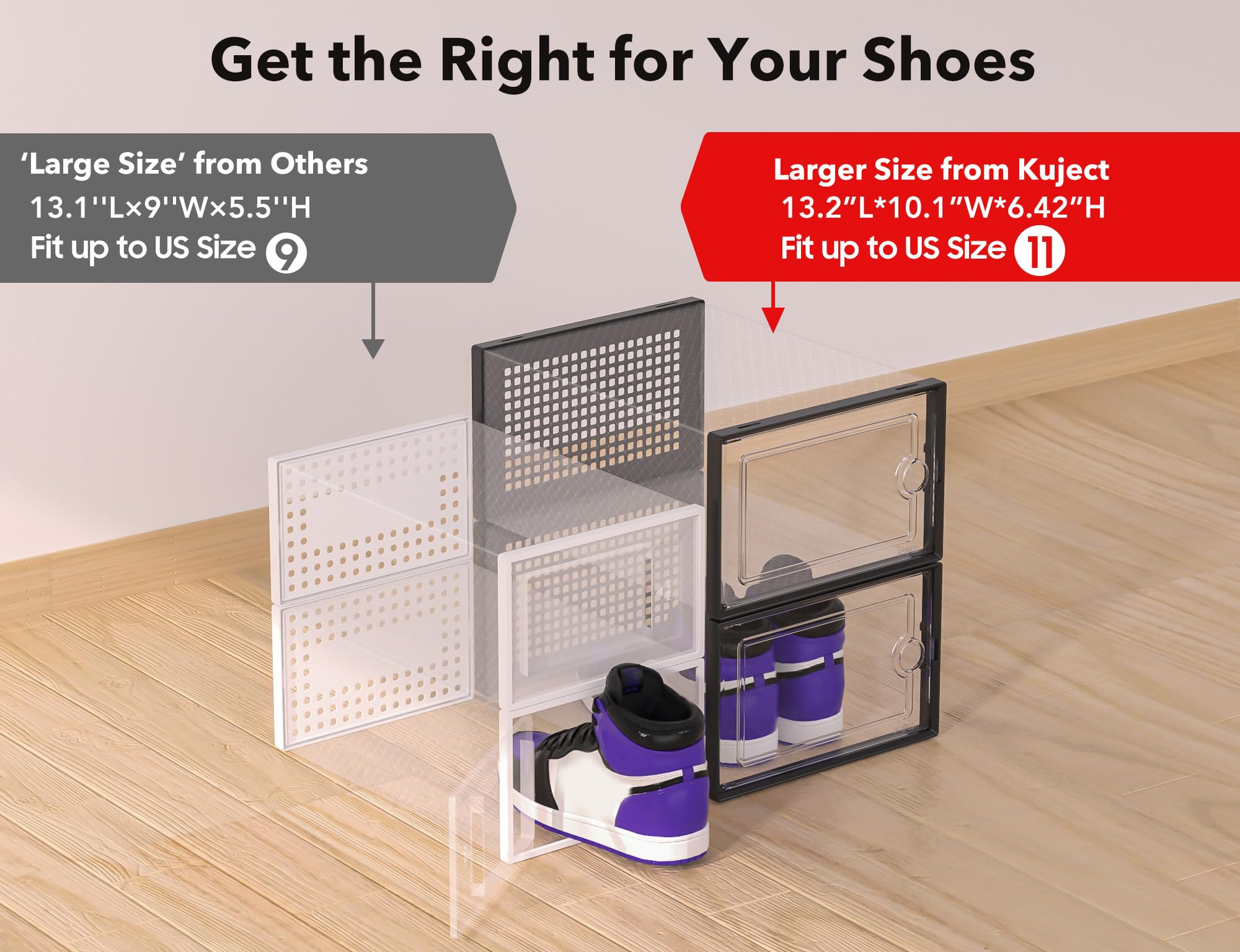 Kuject X-Large Clear Shoe Storage Boxes – Stackable Plastic Sneaker Organizers for Closet & Entryway (Black, 12-Pack)