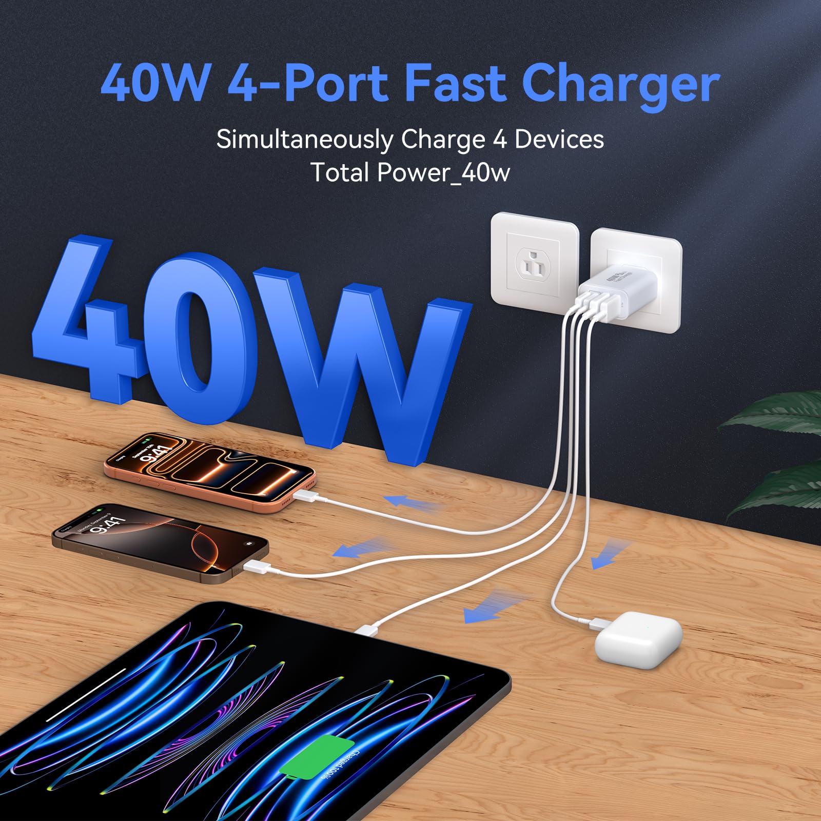 40W 4-Port USB Wall Charger – Fast Charging USB-C & USB-A Power Adapter (2 Pack)