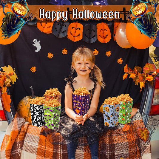 24 Pcs Halloween Popcorn Boxes – 6 Spooky Designs (Pumpkin, Cat, Monster & More) for Snacks, Candy & Party Favors