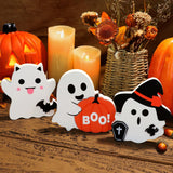 Cute Wooden Ghost Decor Set – 3-Piece Halloween Tabletop Decorations in Orange, Black & White