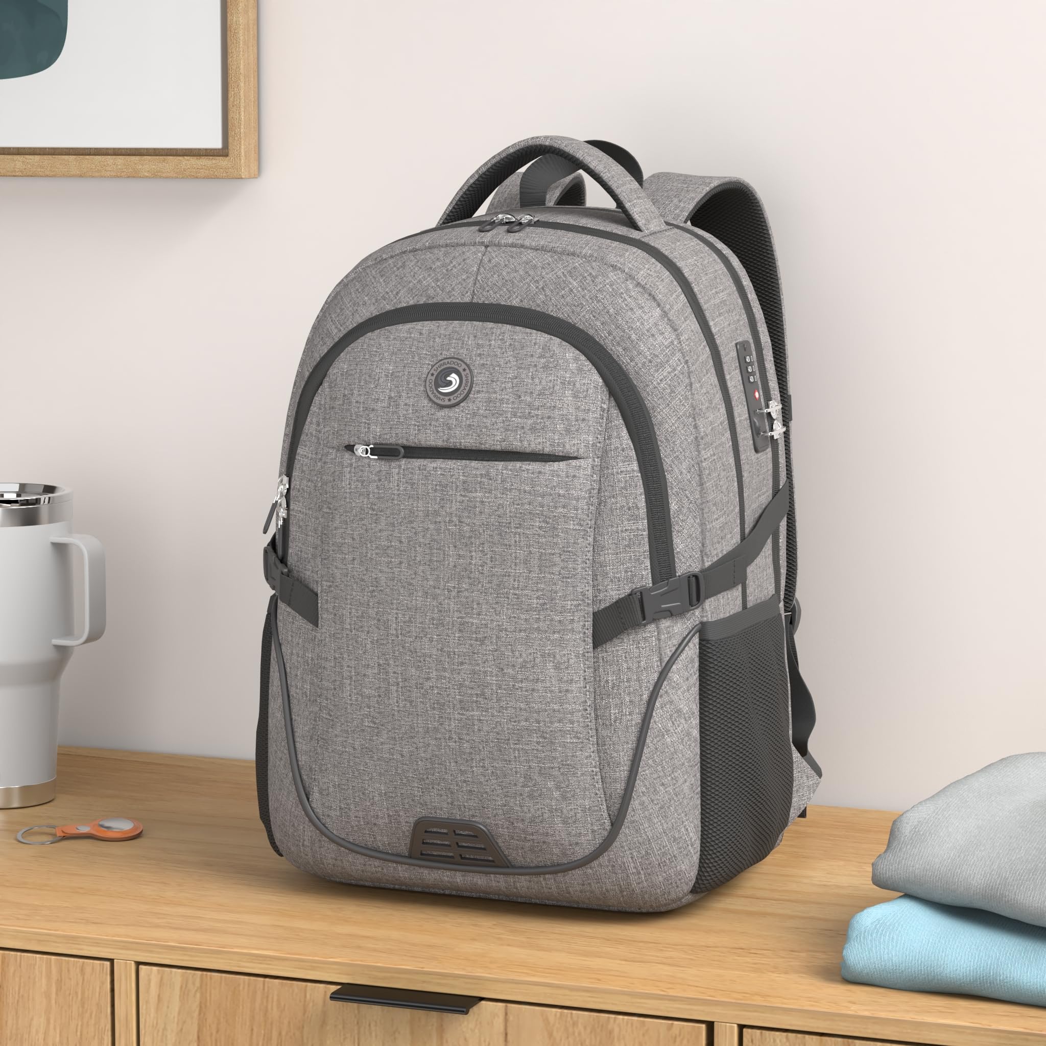 Shrradoo Anti-Theft Laptop Backpack with USB Charging Port & Password Lock – Large Travel & College Backpack (Fits up to 17”) – Grey