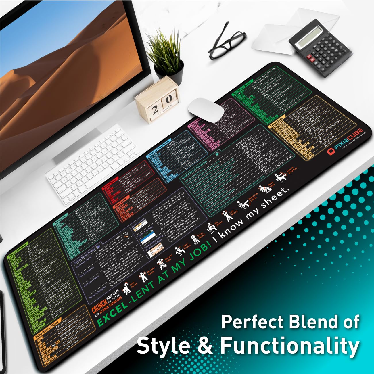 Pixiecube Excel Shortcut Keys Extended Mouse Pad XL Desk Mat Non Slip Stitched Edge Spreadsheet Cheat Sheet