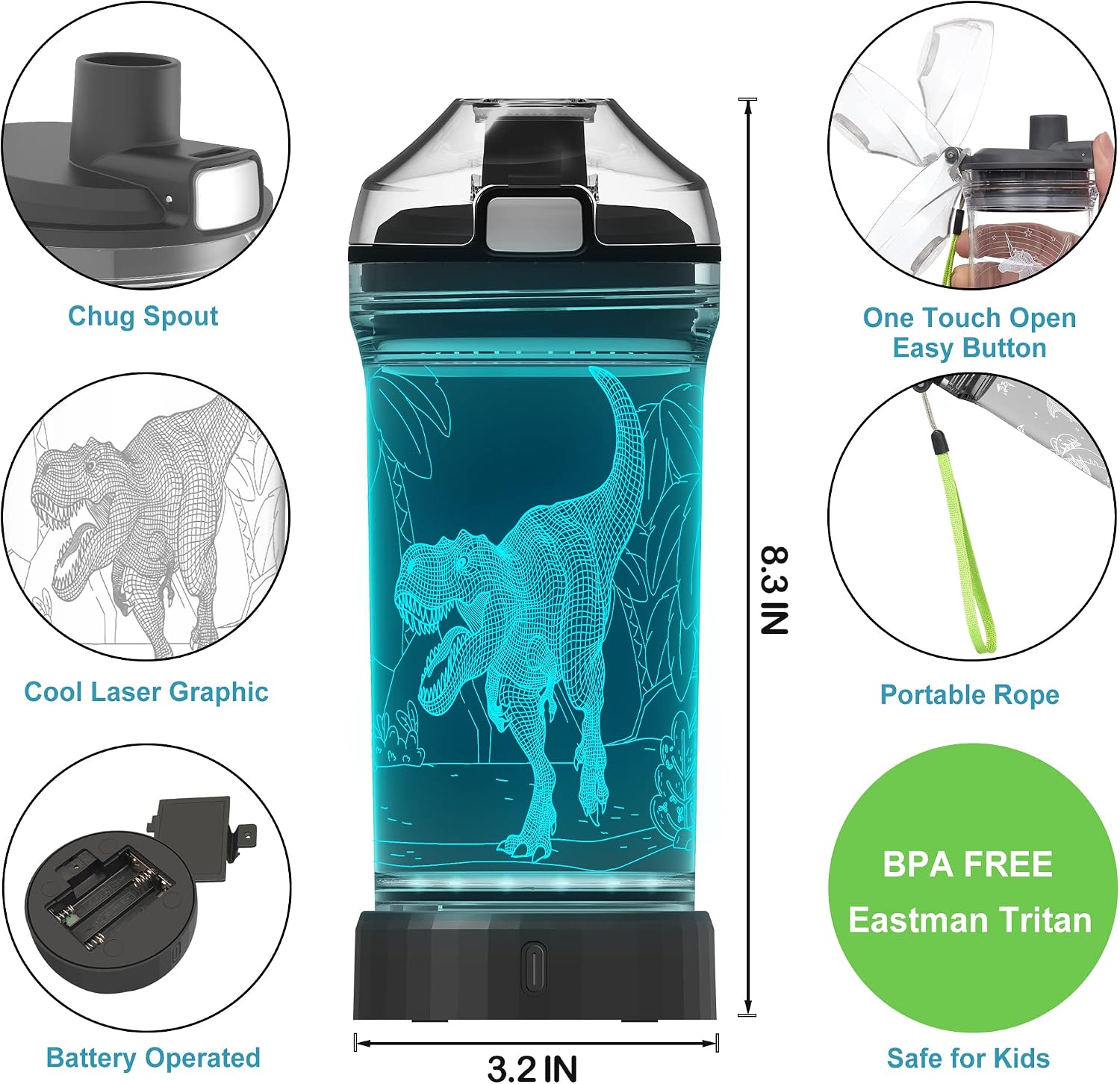14 oz Kids Dinosaur Light-Up Water Bottle – BPA-Free Leakproof Tritan School Bottle with Carry Strap