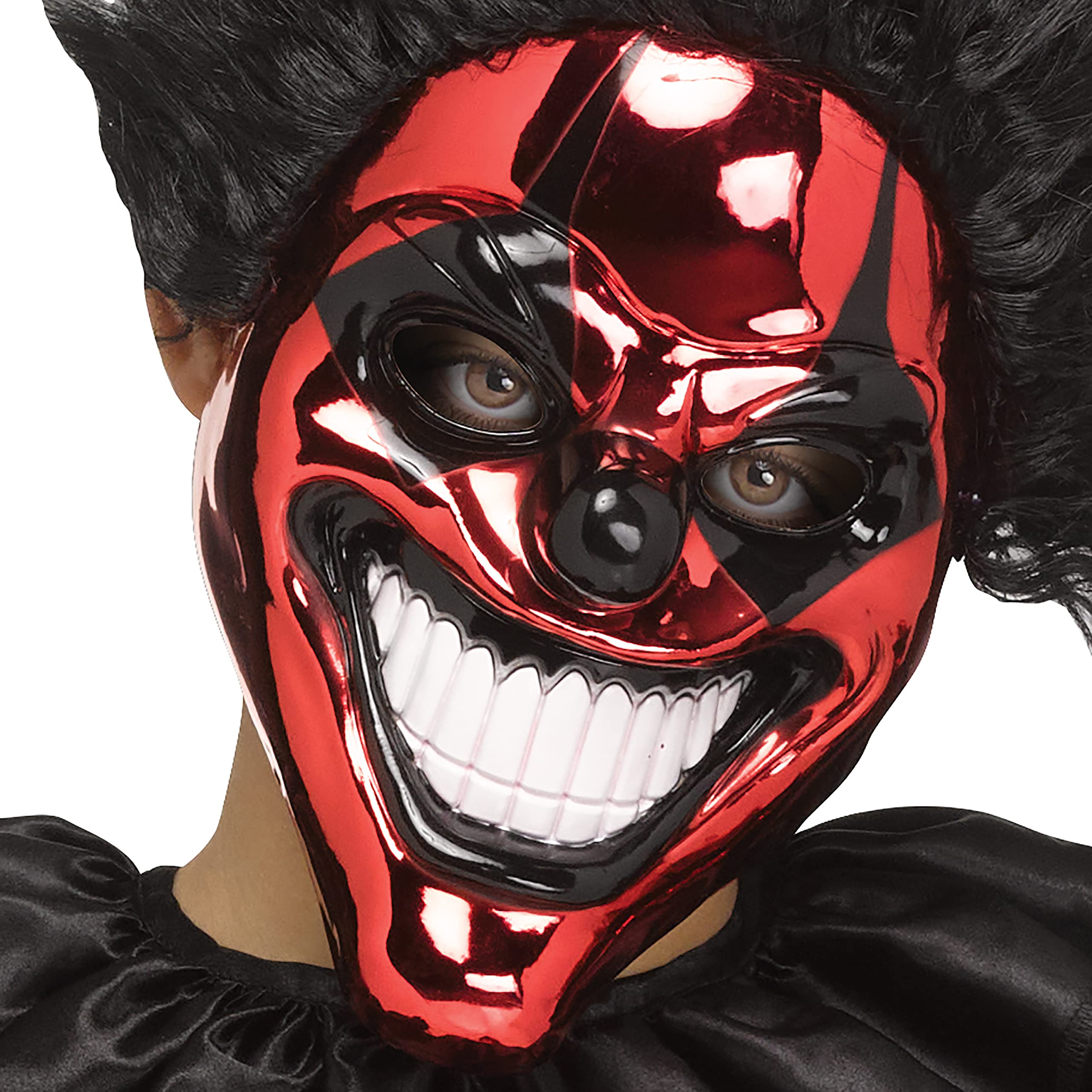 Evil Red & Black Jester Costume – Men’s Halloween Outfit with Chrome Mask, Hair, Collar & Jumpsuit