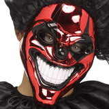 Evil Red & Black Jester Costume – Men’s Halloween Outfit with Chrome Mask, Hair, Collar & Jumpsuit