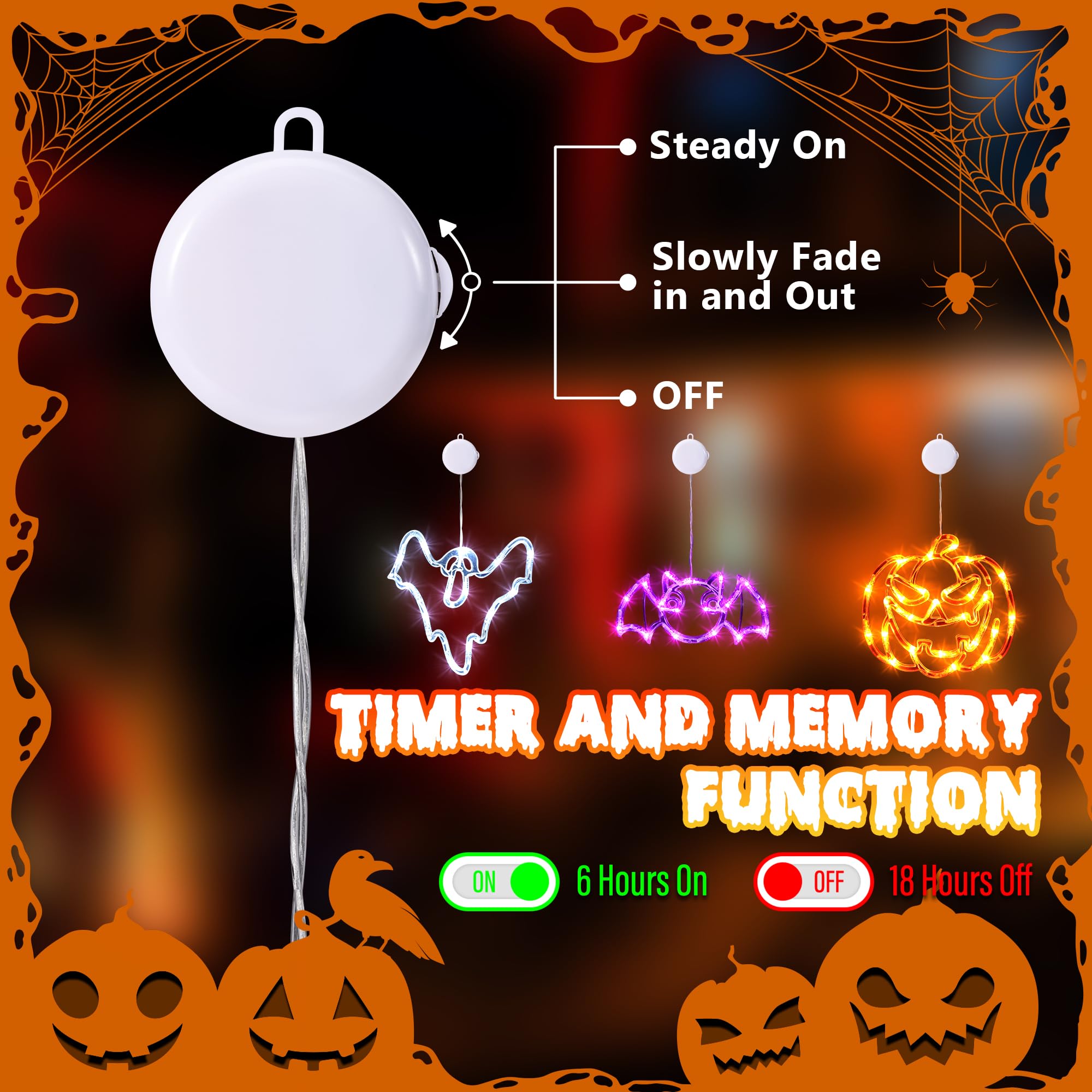 Halloween Window Lights Set – Battery-Operated LED Bat, Pumpkin & Ghost Designs with Timer & 2 Lighting Modes (Indoor/Outdoor)