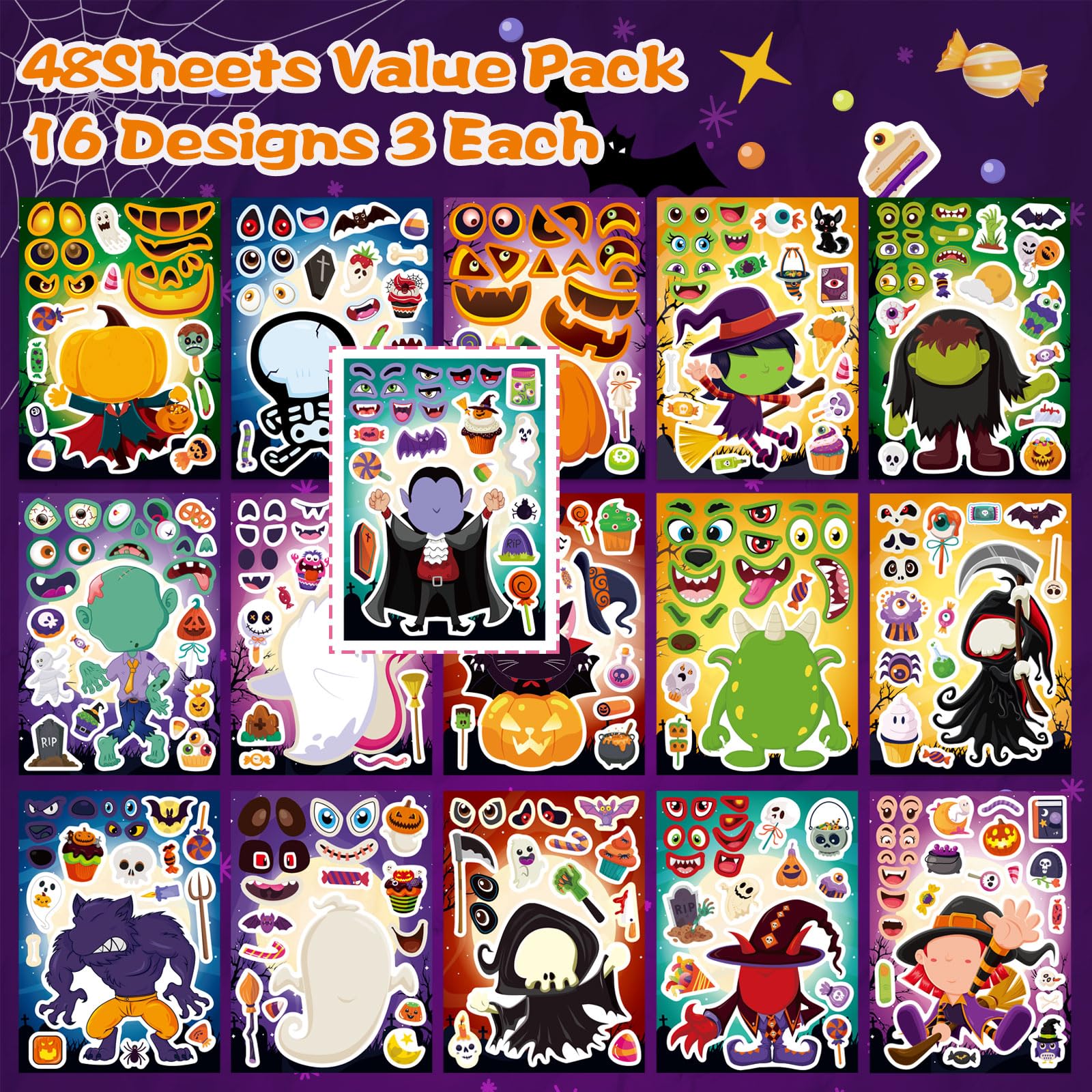 Halloween Make-A-Face Sticker Set for Kids – 32 Sheets, 16 Spooky Styles (Halloween 16 Style)