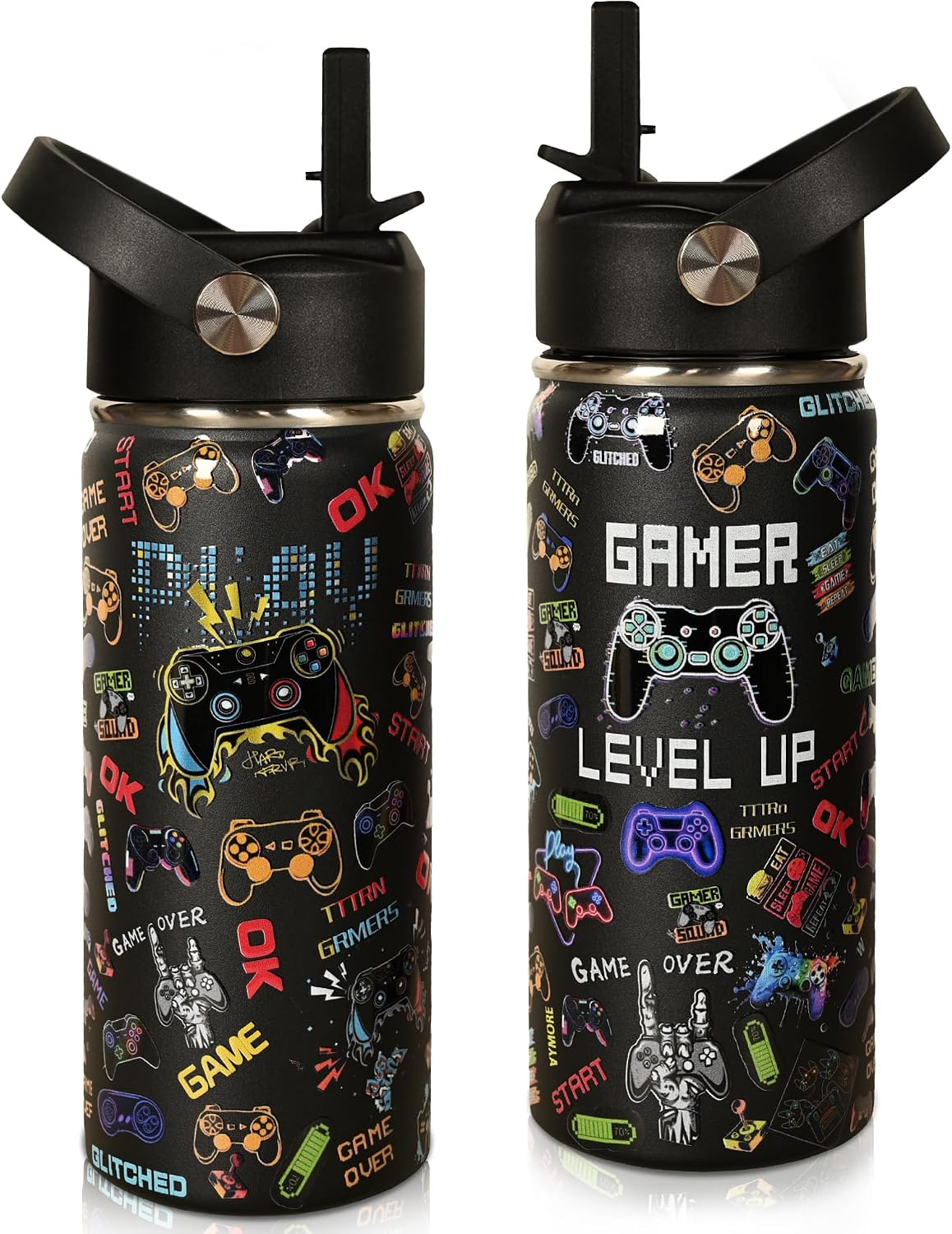 16 oz Kids Insulated Water Bottle with Straw – Leakproof Stainless Steel Gaming School Bottle with Carry Handle