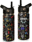 16 oz Kids Insulated Water Bottle with Straw – Leakproof Stainless Steel Gaming School Bottle with Carry Handle