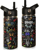16 oz Kids Insulated Water Bottle with Straw – Leakproof Stainless Steel Gaming School Bottle with Carry Handle