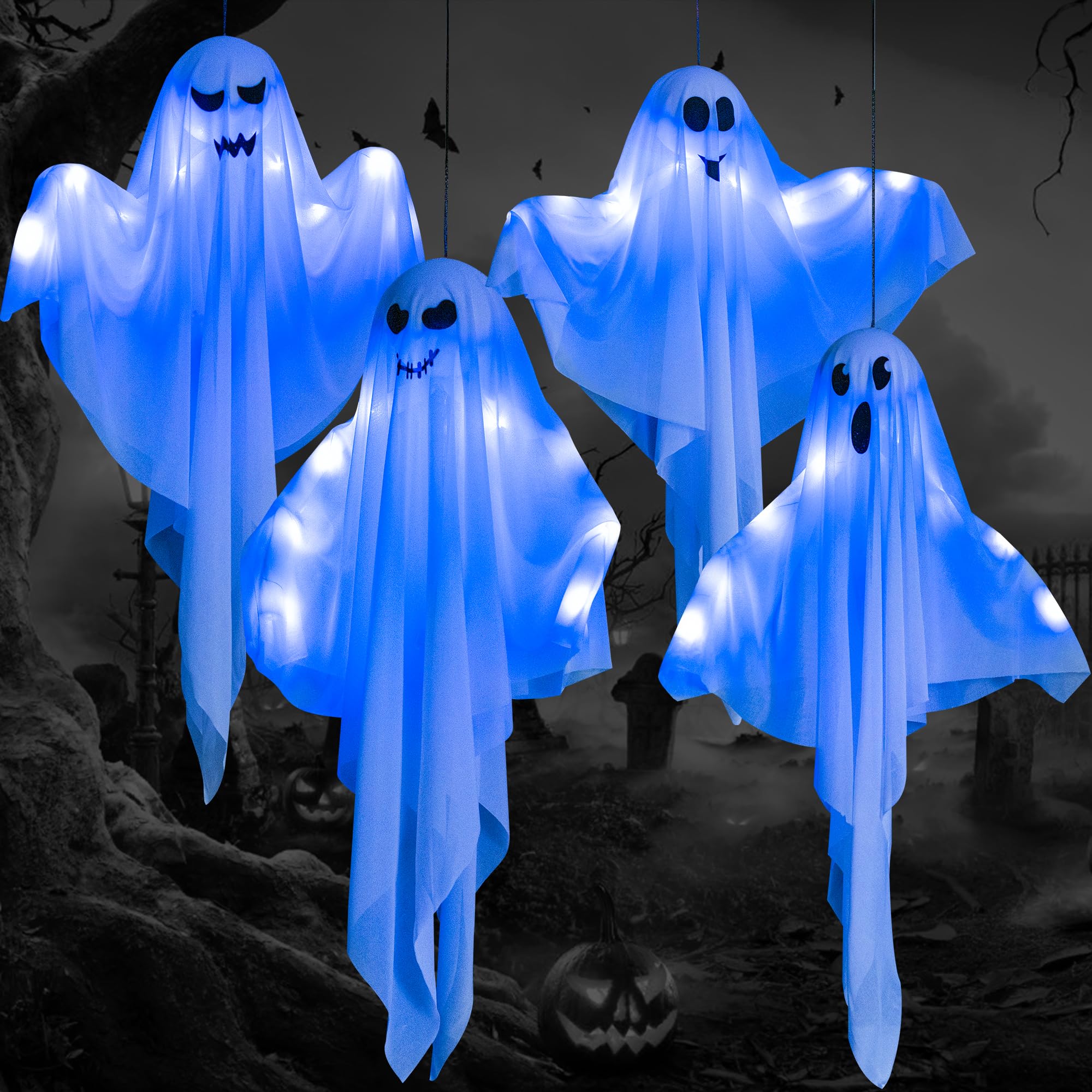 Blue LED Hanging Ghosts (4-Pack) – 27.5" Light-Up Halloween Decorations for Yard, Porch & Haunted House