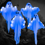 Blue LED Hanging Ghosts (4-Pack) – 27.5" Light-Up Halloween Decorations for Yard, Porch & Haunted House