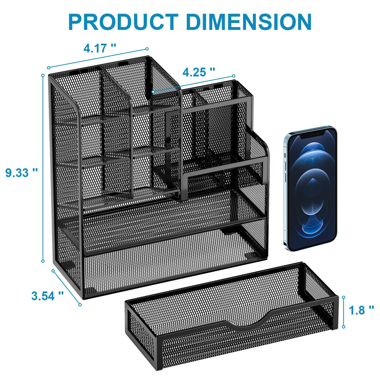 Marbrasse Mesh Desk Organizer with Drawer Multi-Compartment Pen Holder Office Supplies Storage Caddy Black