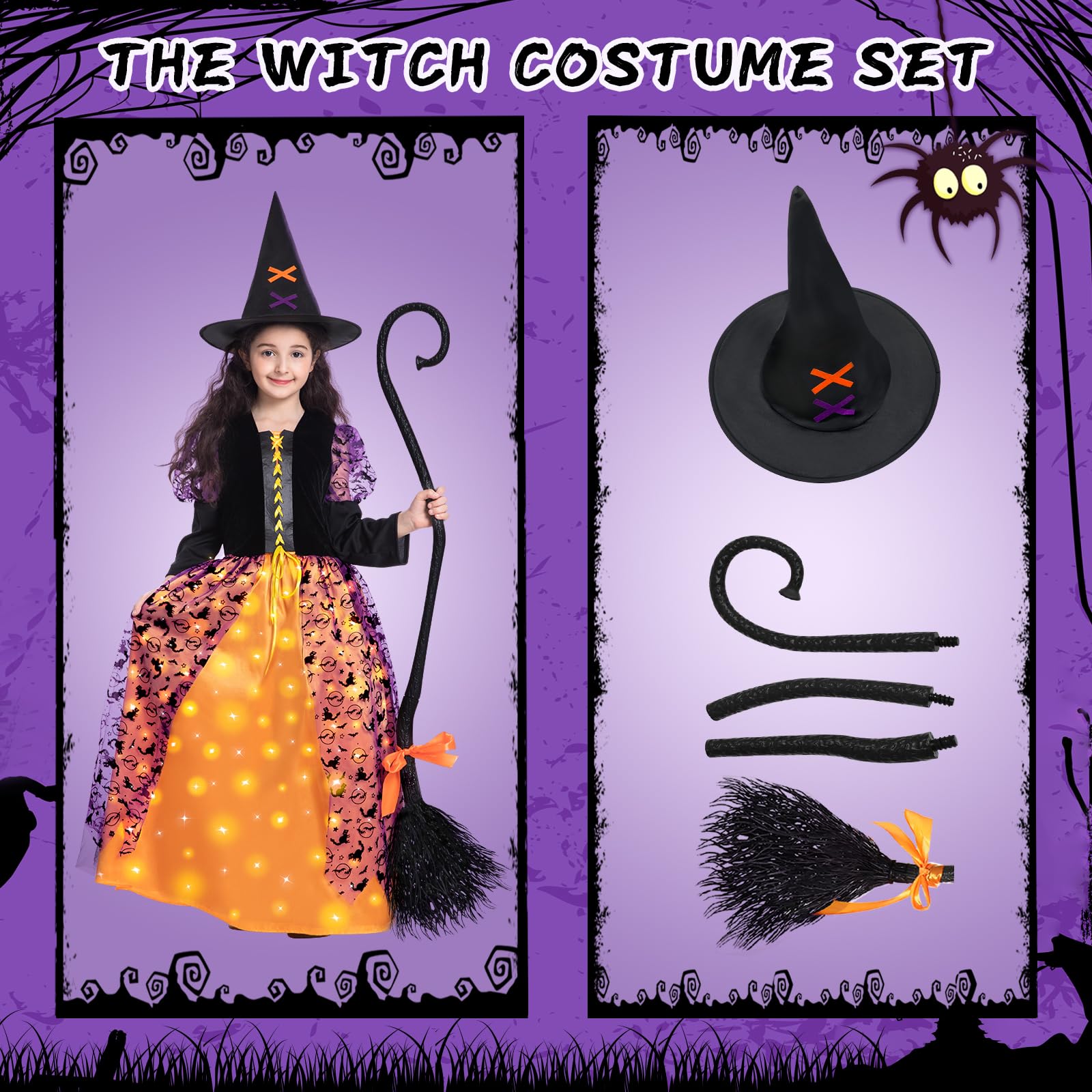 Purple Light-Up Witch Costume for Girls with Hat & Broom – LED Halloween Cosplay Outfit