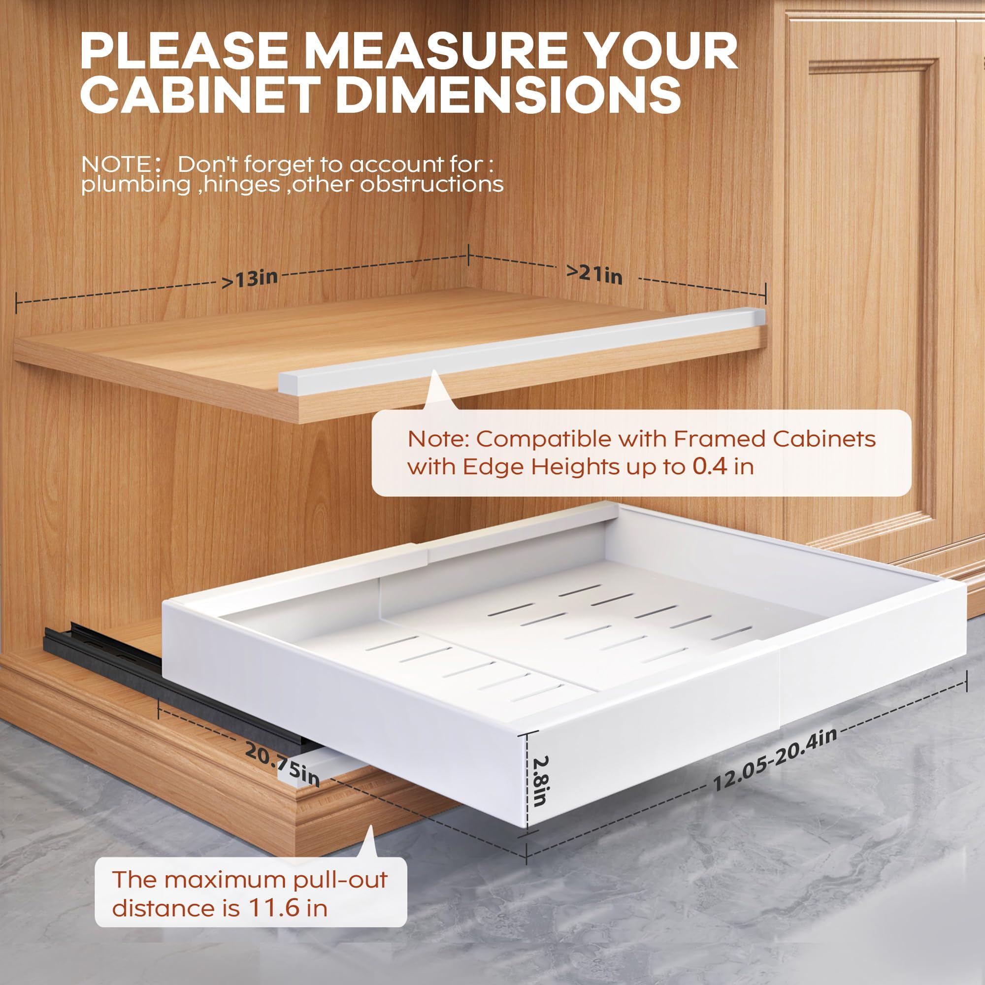 Expandable Pull-Out Cabinet Organizer – 21” Deep Soft-Close Slide-Out Shelves with Raising Pads (White, 2-Pack)