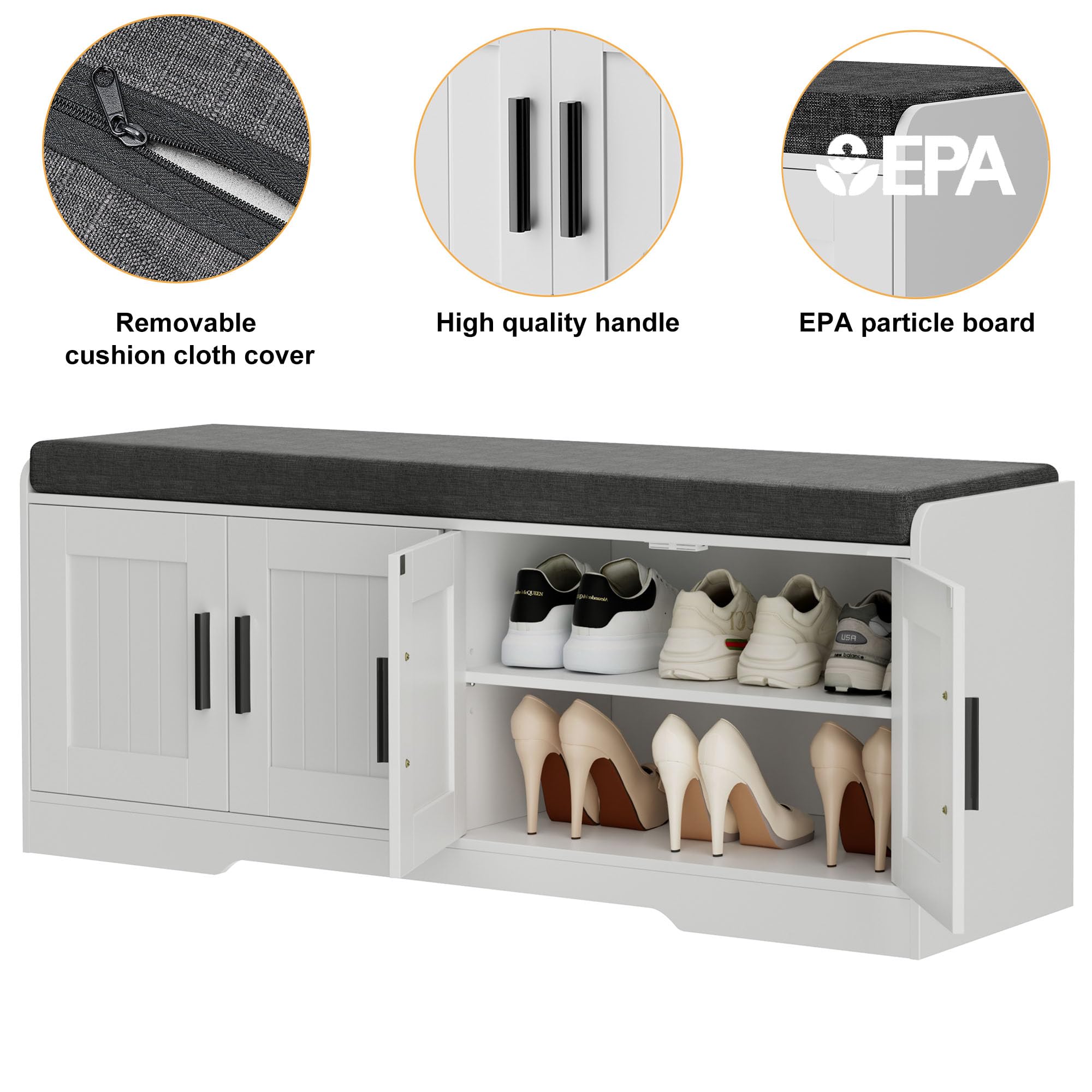 HOMLEKE 2-Tier Shoe Storage Bench with Padded Seat – Modern Entryway Bench with Adjustable Shelves & Doors (White)