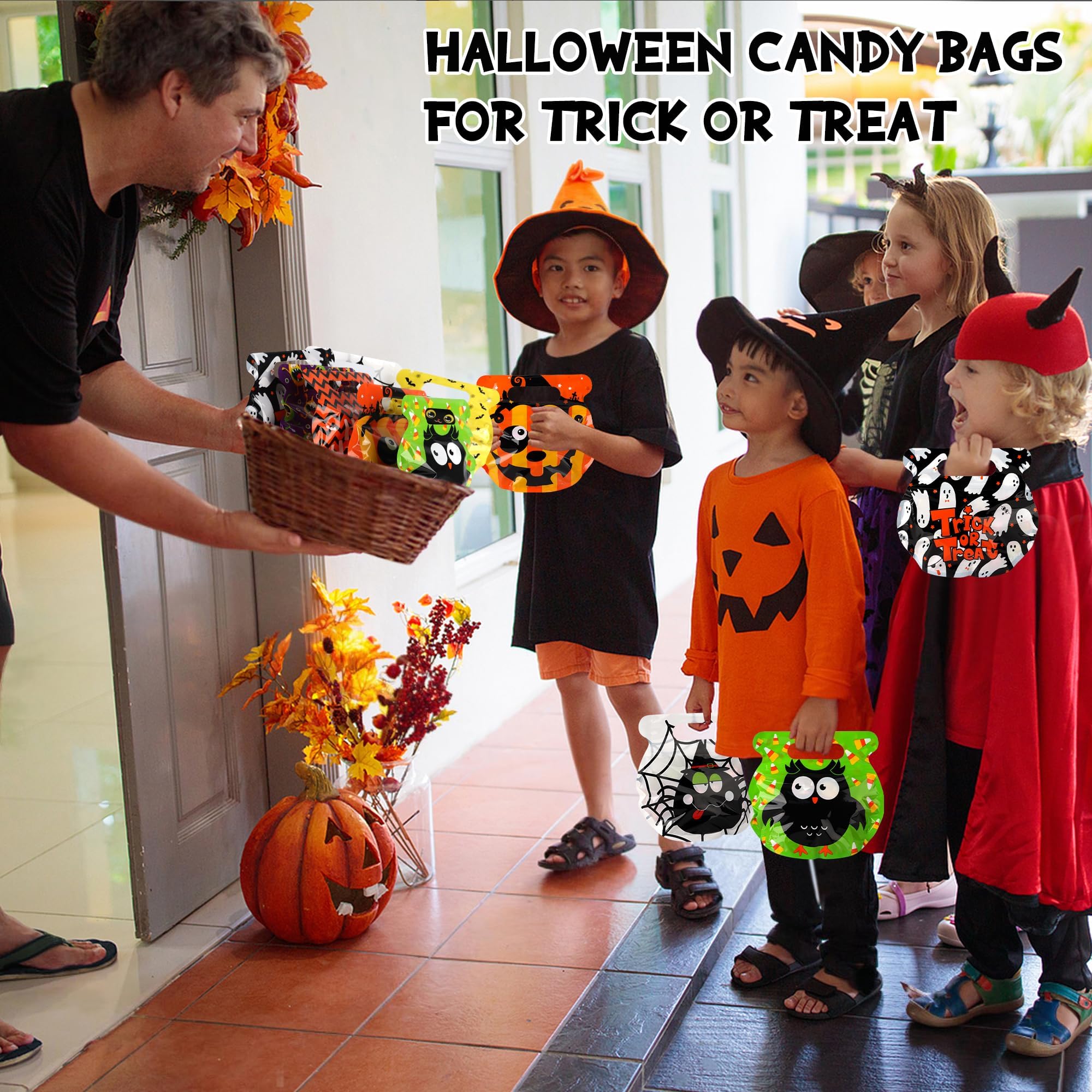 56 PCS Halloween Goodie Bags – Reusable Zip Treat Bags with Handles, 8 Cute Designs for Candy, Snacks & Party Favors