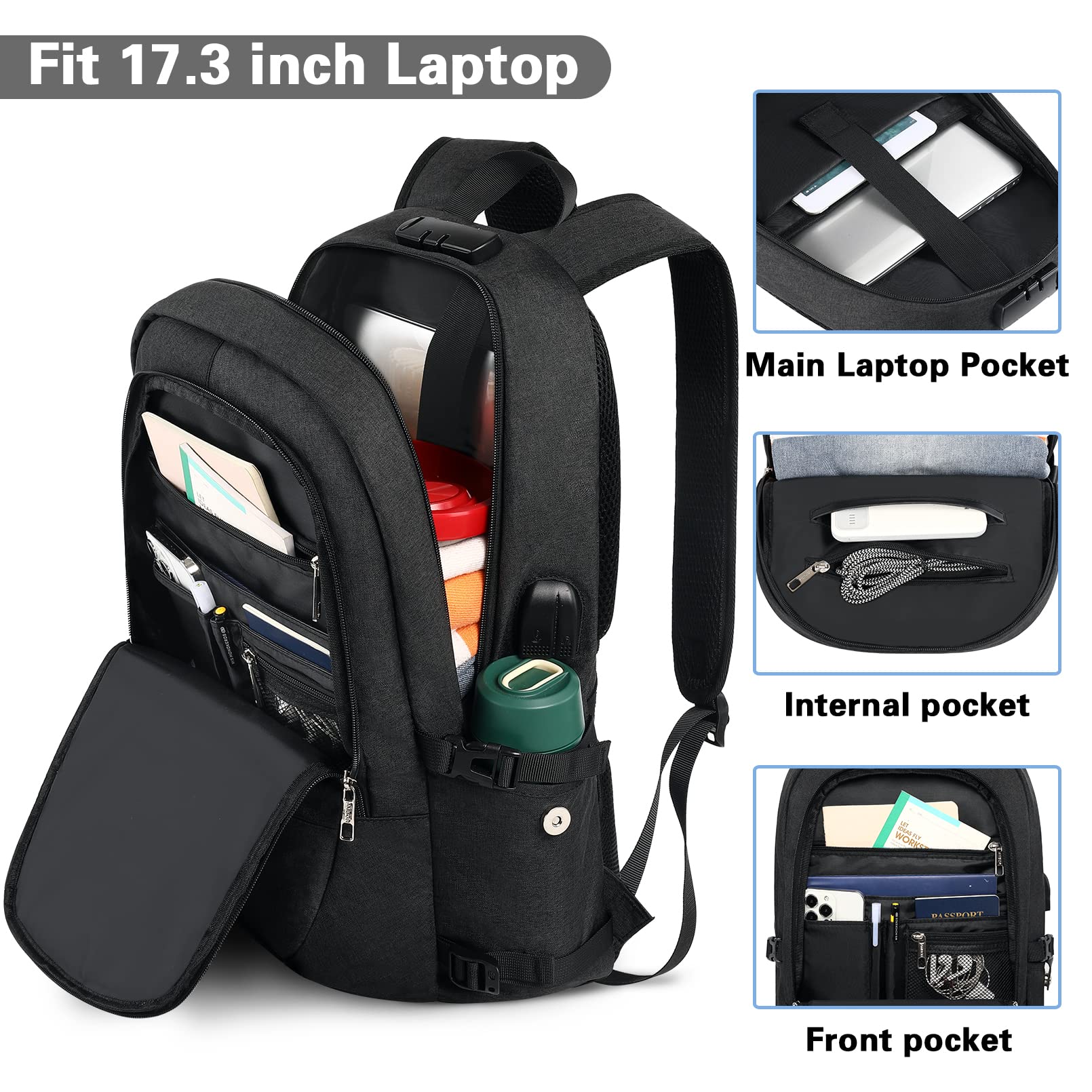 AMBOR Anti-Theft Travel Laptop Backpack – Water-Resistant Business Work Backpack with USB Charging Port, Fits up to 17.3” Laptops (Black)