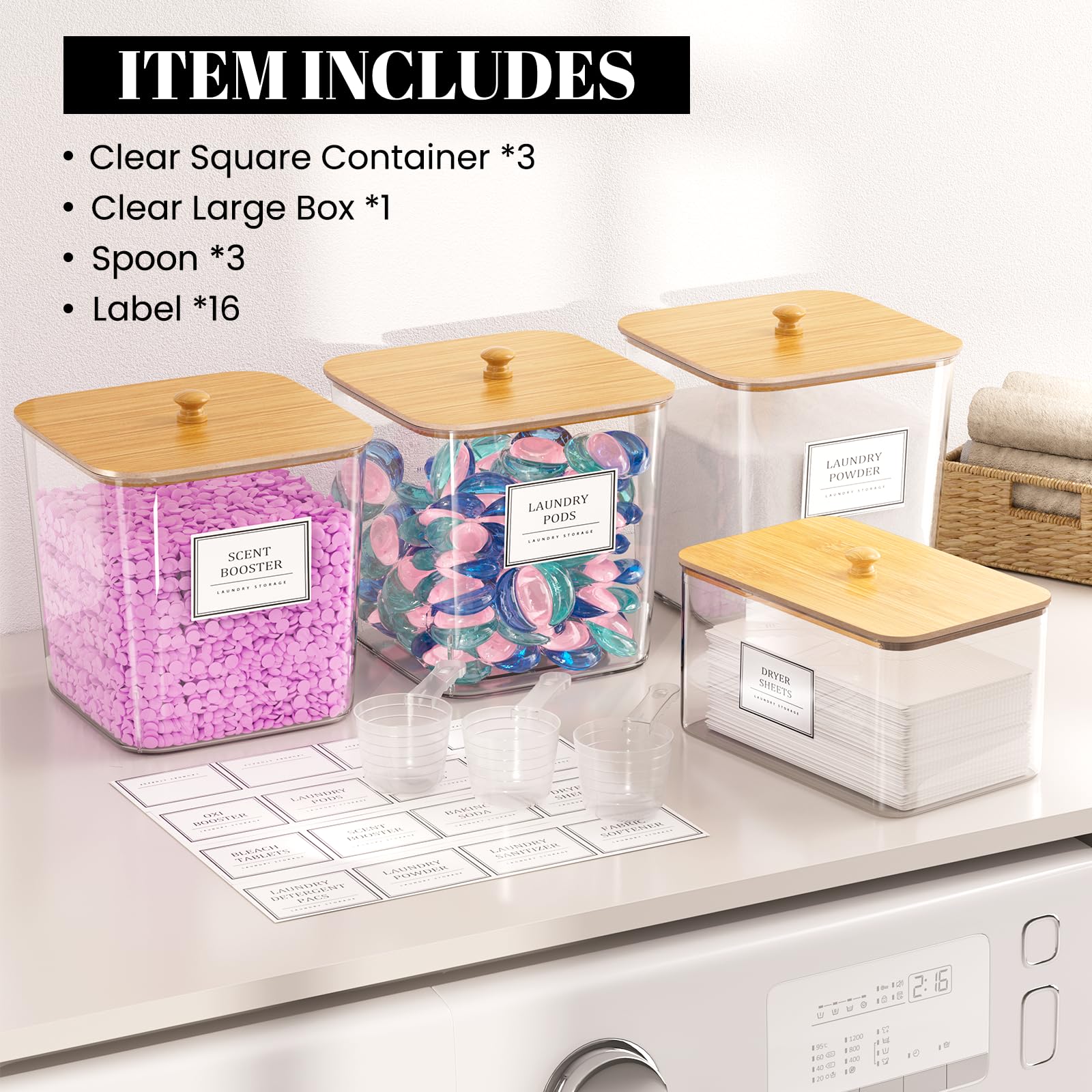 HOMEPEKITE Laundry Pods Storage Container Set (3+1 Pack) – Clear Acrylic Jars with Wooden Lids & Labels for Laundry Room Organization