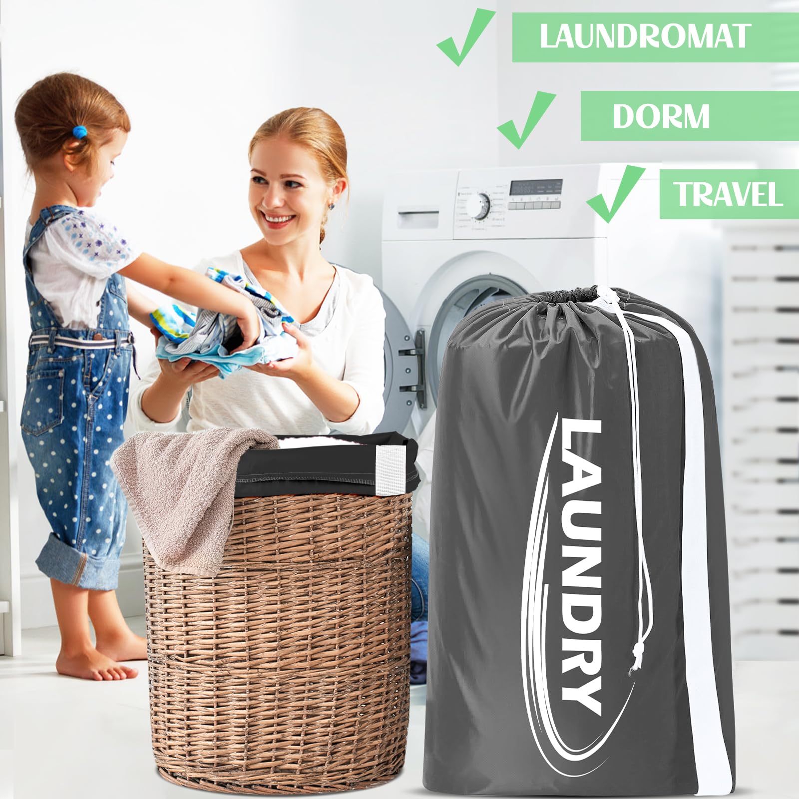 Extra Large Laundry Bag with Shoulder Strap – Heavy Duty Drawstring Clothes Storage Bag (Black & Grey)