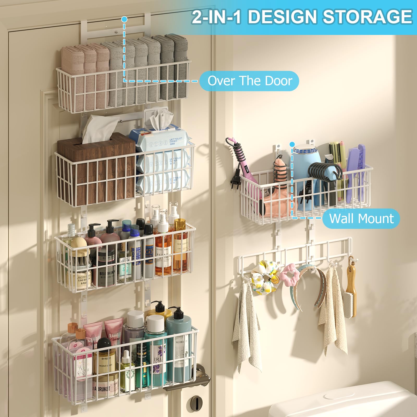 Hongtamoya Adjustable Over-the-Door Metal Organizer – 5 Wire Baskets & 7 Hooks for Pantry, Closet & Bathroom (White)