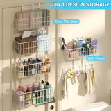 Hongtamoya Adjustable Over-the-Door Metal Organizer – 5 Wire Baskets & 7 Hooks for Pantry, Closet & Bathroom (White)