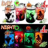 Halloween DIY Lantern Jar Craft Kit – 4 Mason Jars with Multicolor LED Lights & Spooky Silhouettes (Pumpkin, Witch, Cemetery, Ghost)