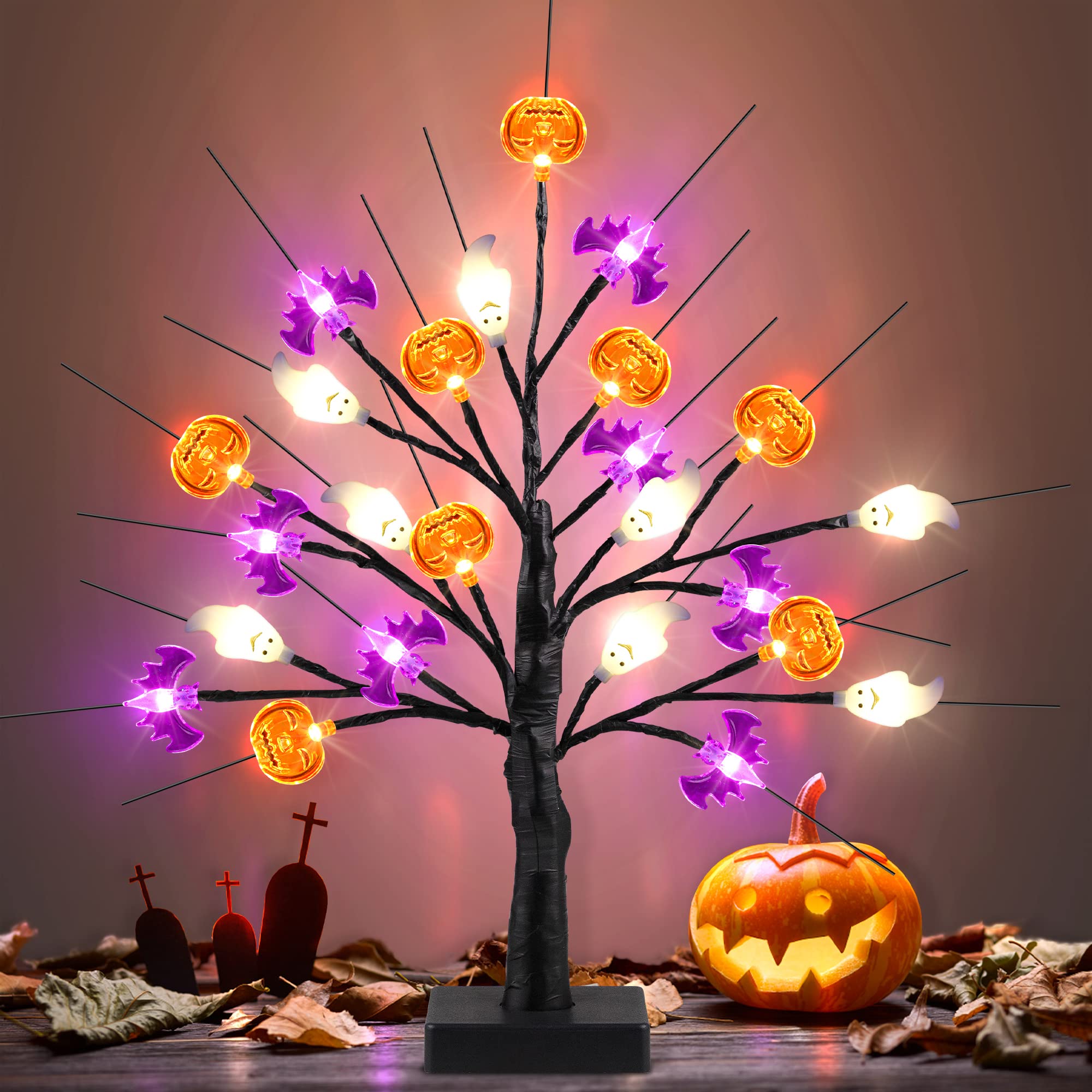Lighted Halloween Tree – 24 LED Pumpkin, Bat & Ghost Lights with Adjustable Branches, USB or Battery Powered Tabletop Decoration (Timer Function Included)