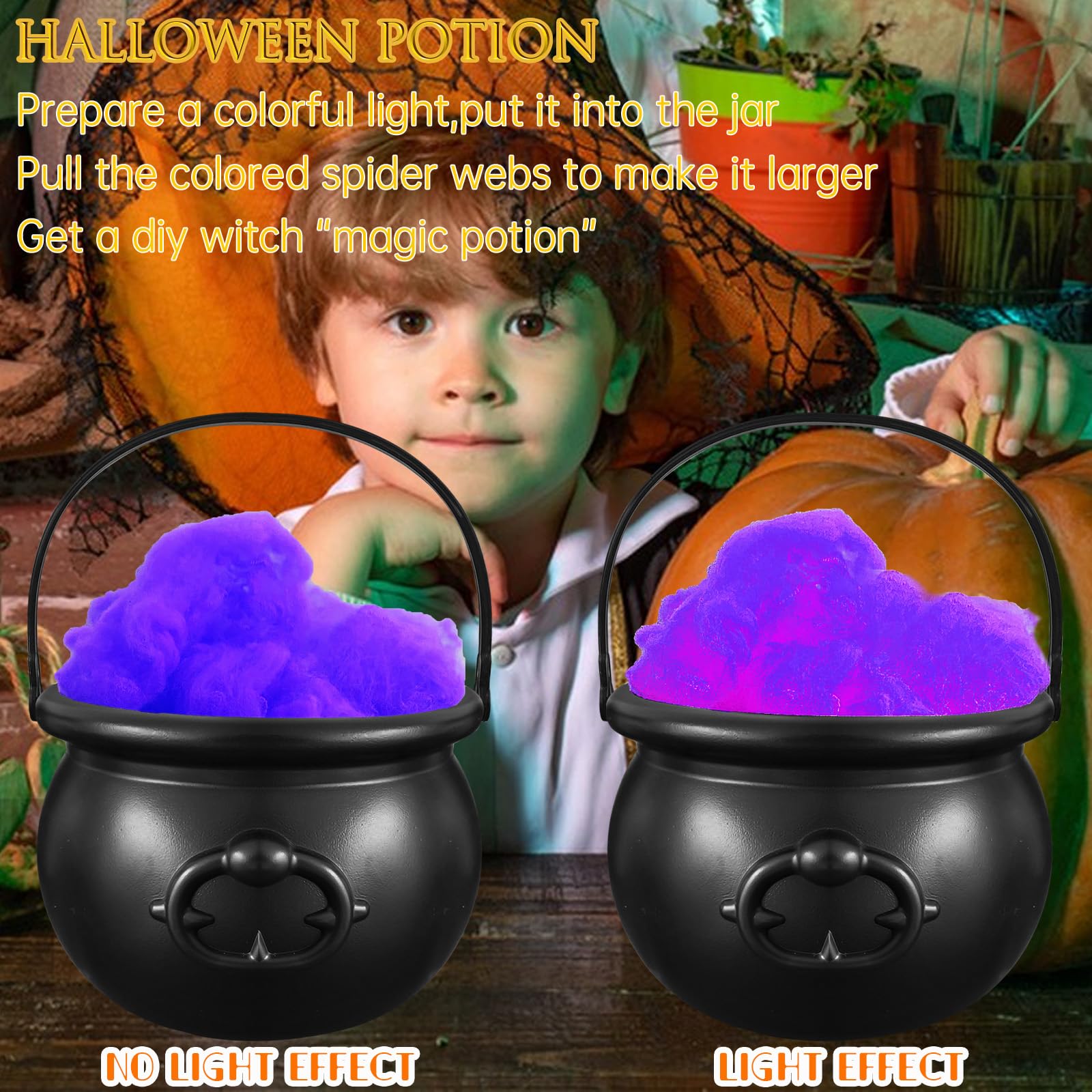 Black Witch Cauldron with Spider Webs – Halloween Candy Bowl & Decoration Set (1 Cauldron + 3 Web Packs, Green/Orange/Purple)