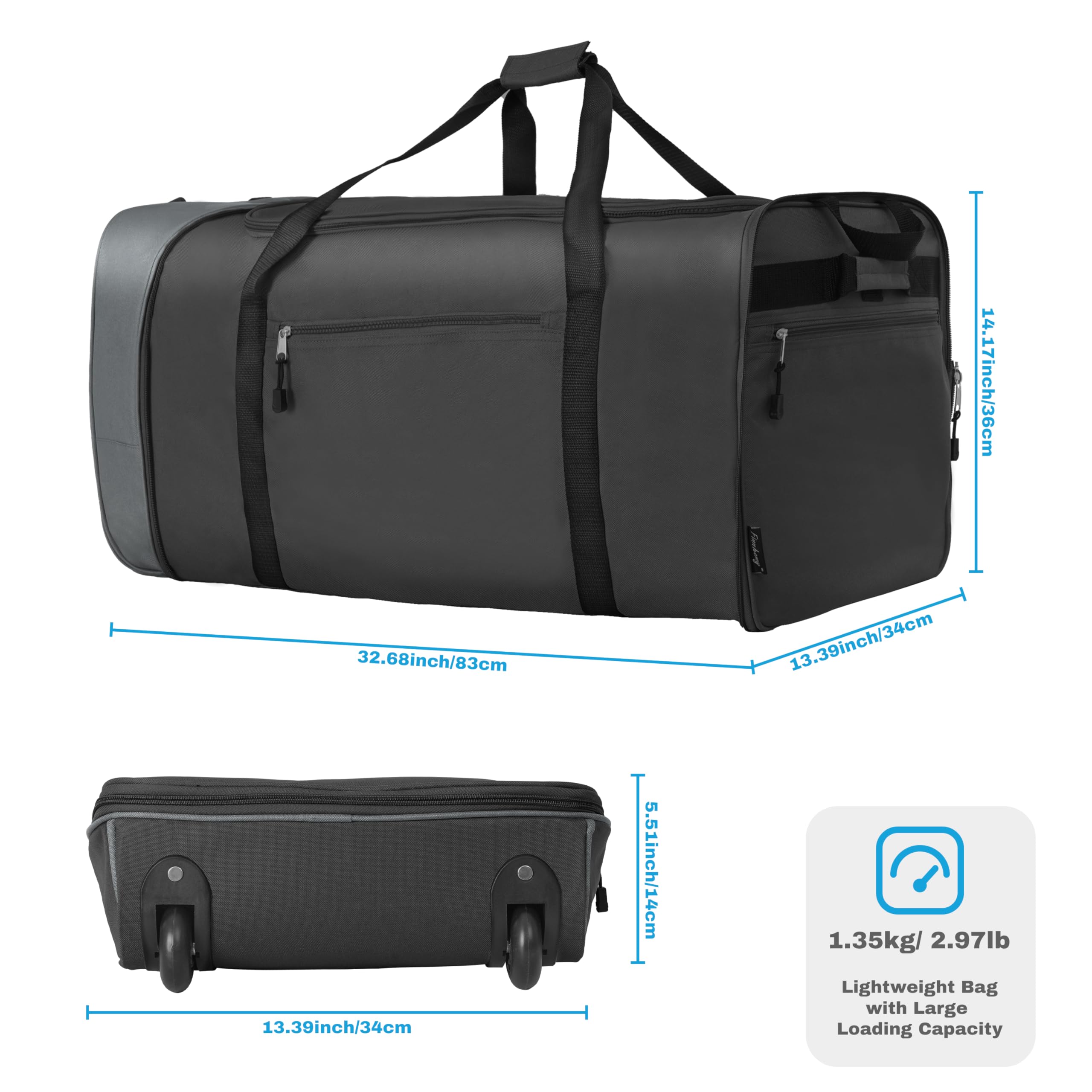 Finnhomy 100L Foldable Rolling Duffel Bag with 2 Wheels, Lightweight 32-Inch Travel Duffel with Shoulder Strap (Black/Grey)