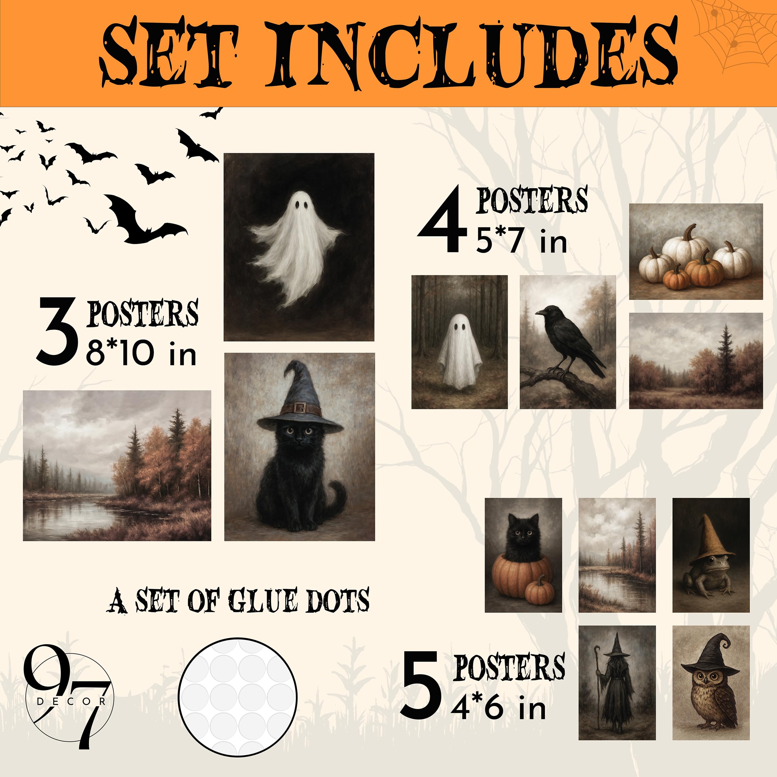 Halloween Wall Art Prints Set – 10PCS Vintage Gothic Posters & Ghost Aesthetic Decor for Bedroom & Living Room