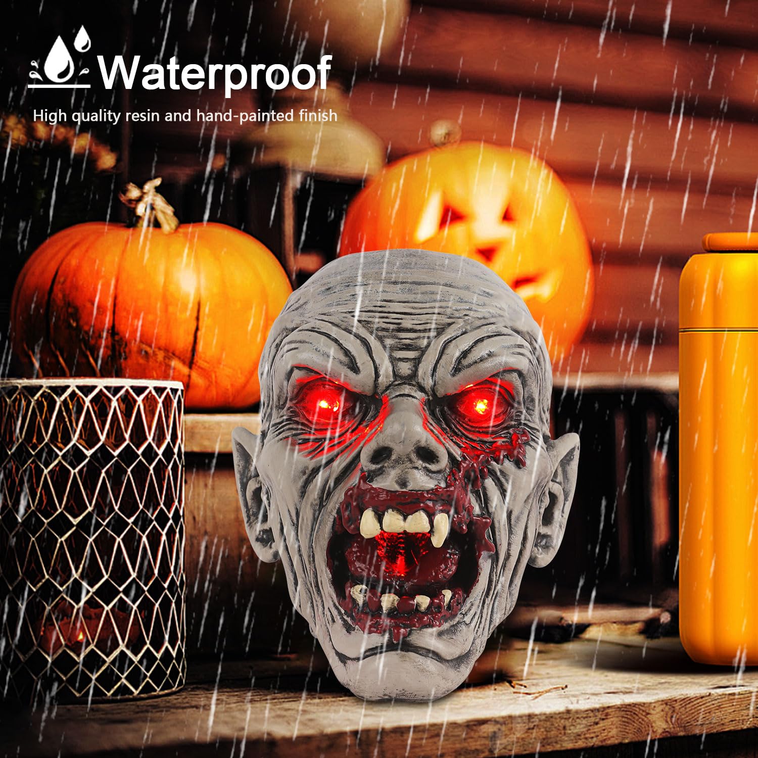 Solar-Powered Zombie Head Halloween Decor – Realistic Resin Outdoor Statue with Light-Up Eyes & Mouth