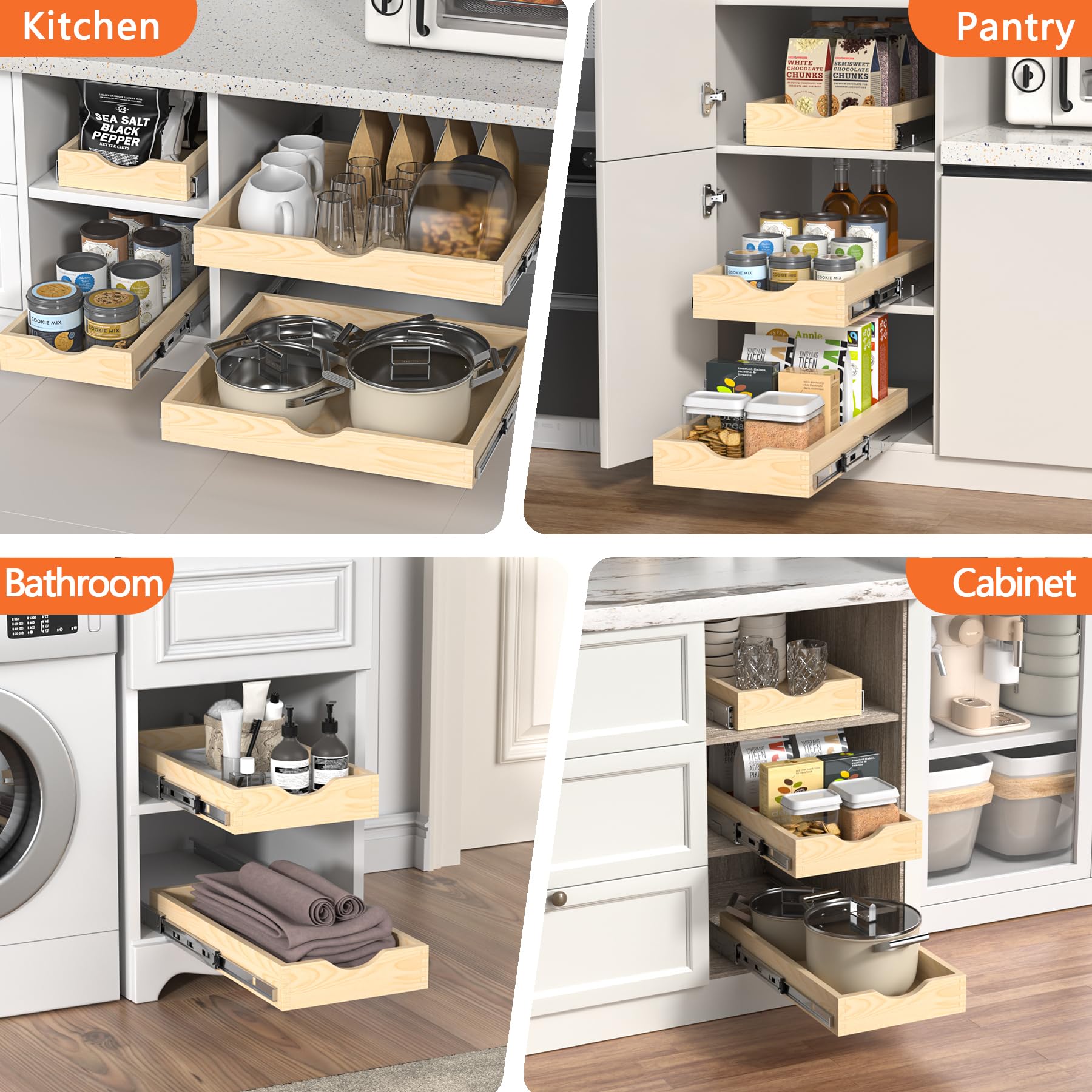 Solid Wood Pull-Out Cabinet Organizer with Soft-Close Slides – Heavy-Duty Slide-Out Drawer Shelf for Kitchen & Pantry