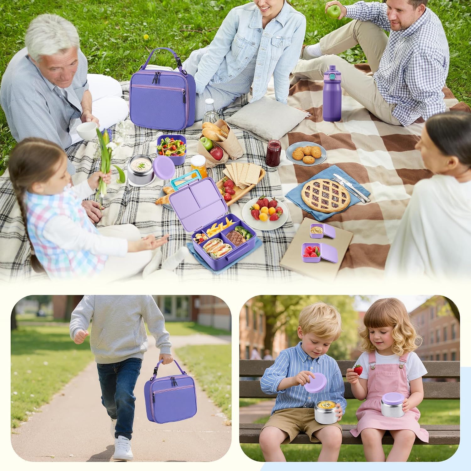 Kids 5-Compartment Bento Lunch Set with 8 oz Food Jar, 17 oz Insulated Bottle and Lunch Bag