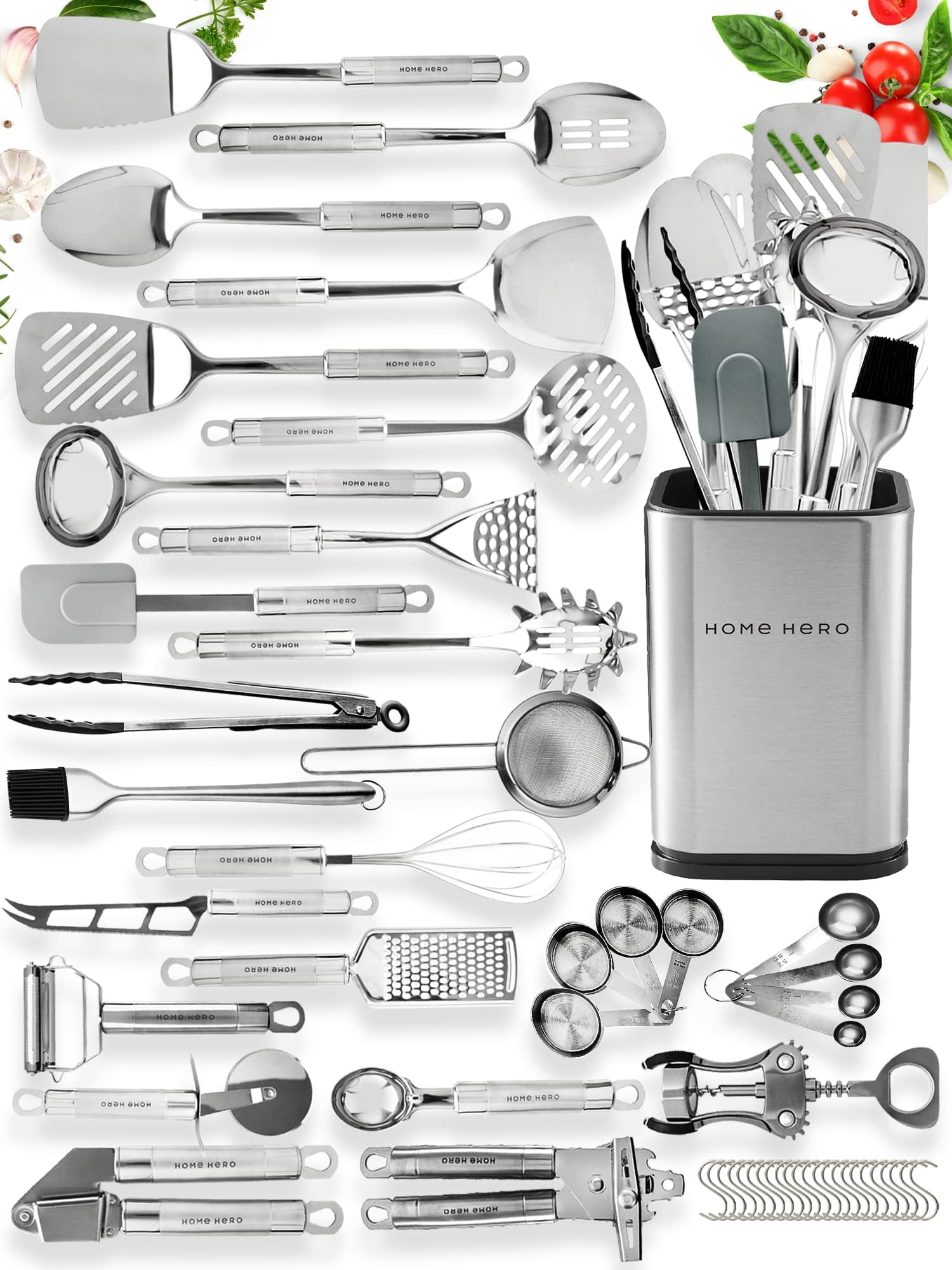 54-Piece Stainless Steel Kitchen Utensil Set – Durable, Heat Resistant & Timeless Design (Silver)