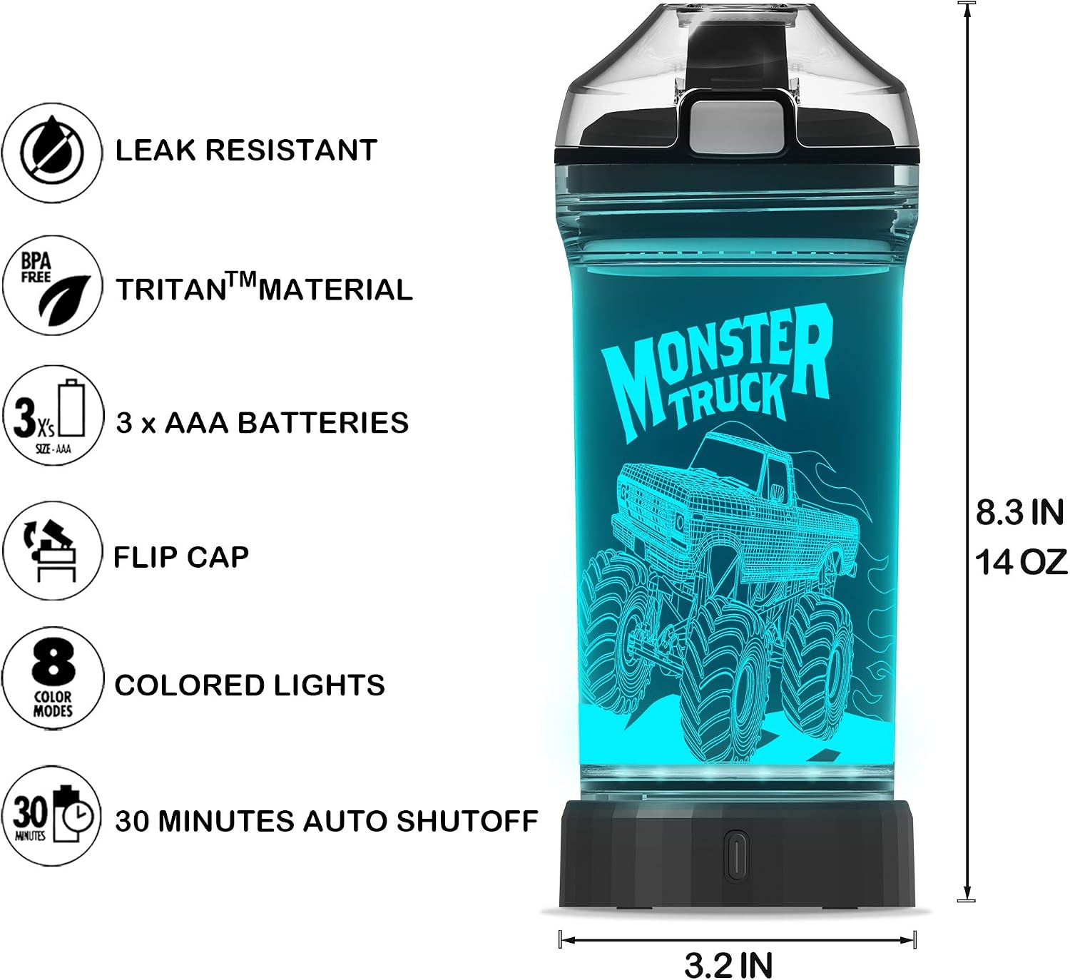 14 oz Kids Monster Truck Light-Up Water Bottle with Leakproof Lid and Carry Strap