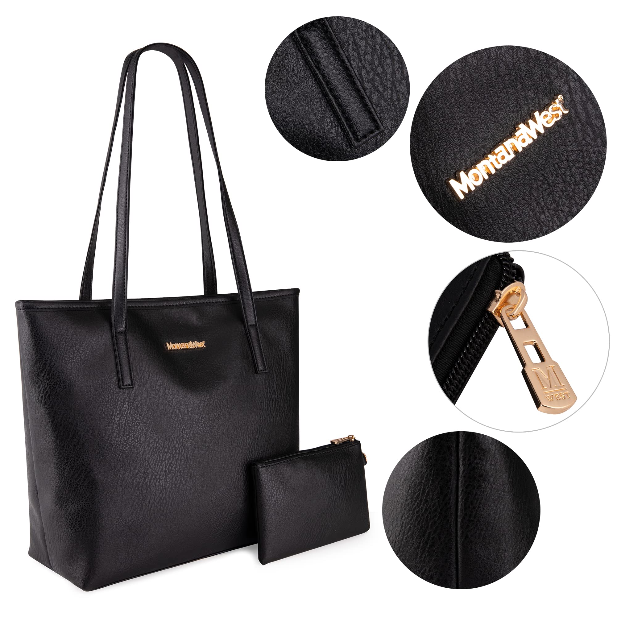 Montana West Large Tote Bag for Women – Vegan Leather Top Handle Shoulder Satchel with Zipper & Pouch (Black)