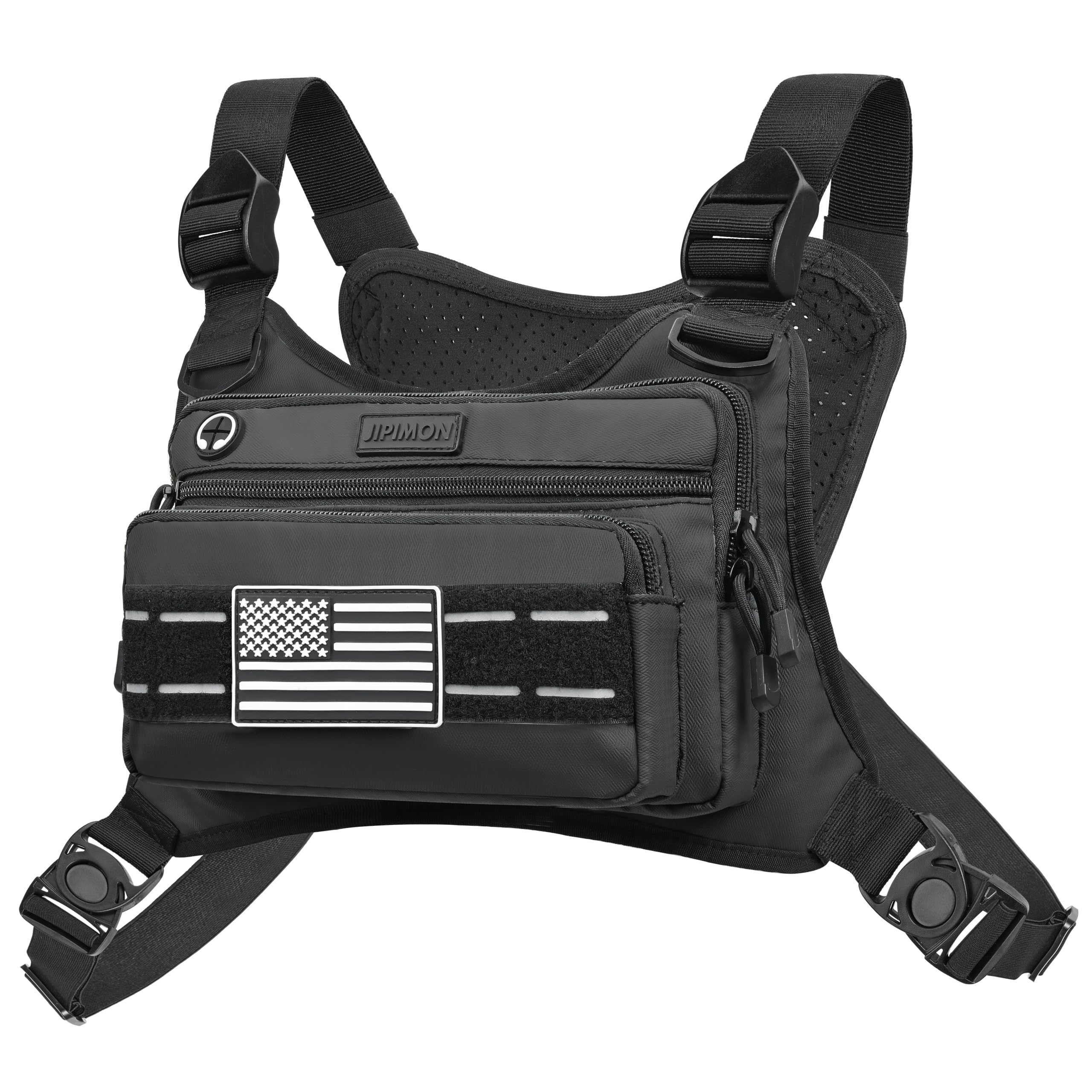 JIPIMON Waterproof Sports Chest Bag – Reflective MOLLE Chest Pack for Running, Cycling & Outdoor Activities (Black)
