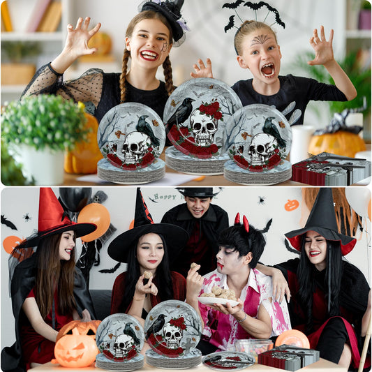 Halloween Gothic Tableware Set – 96 Pcs Plates, Napkins & Forks with Skull, Rose & Crow Design