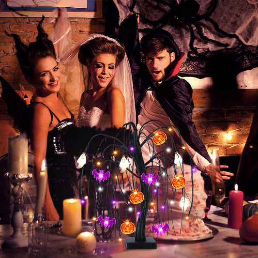 Light-Up Halloween Tree – 24 LED Black Willow Tree with Pumpkin, Bat & Ghost Ornaments (USB & Battery Powered)