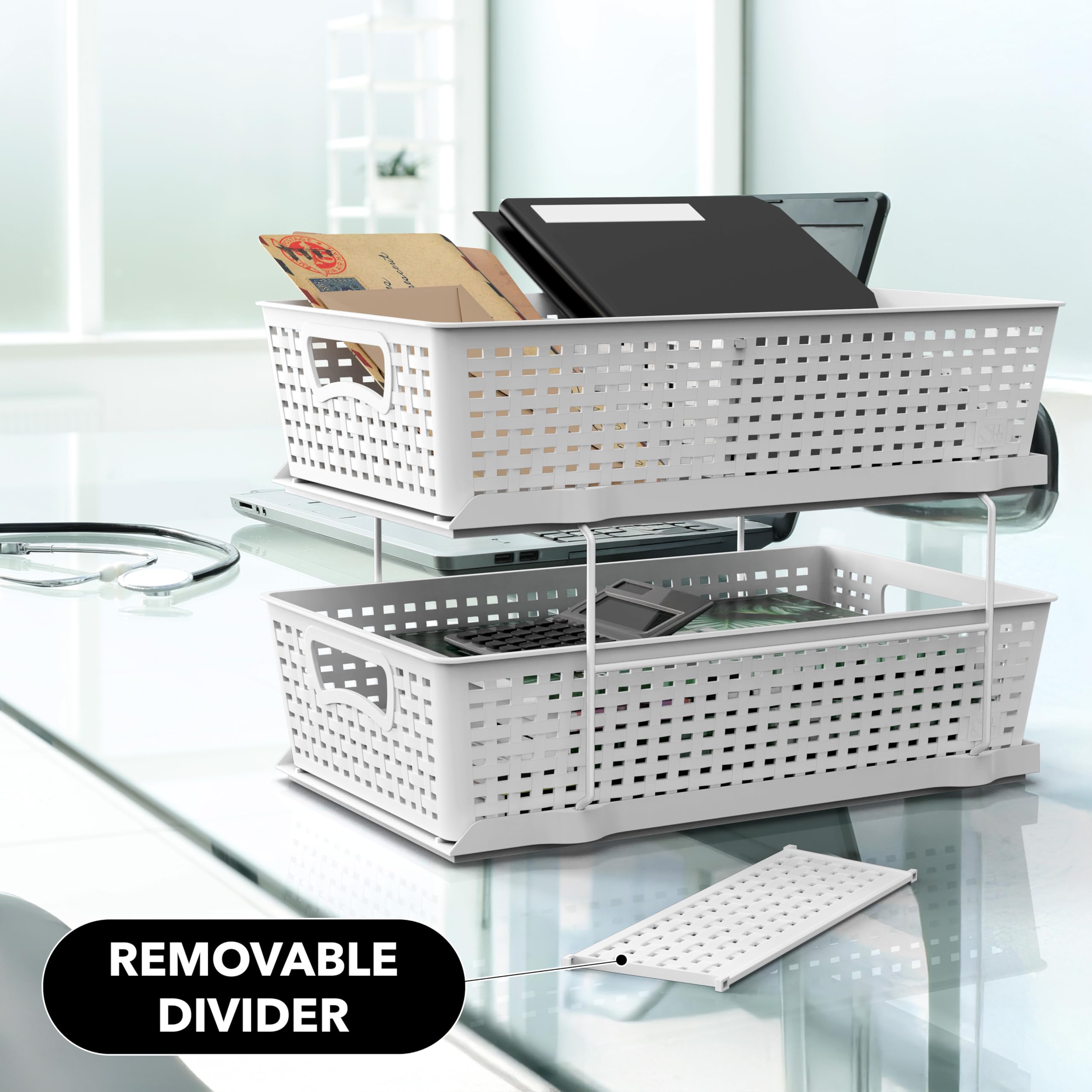 2-Tier Pull-Out Bathroom Organizer Tray – White Under-Sink Sliding Storage with Divider