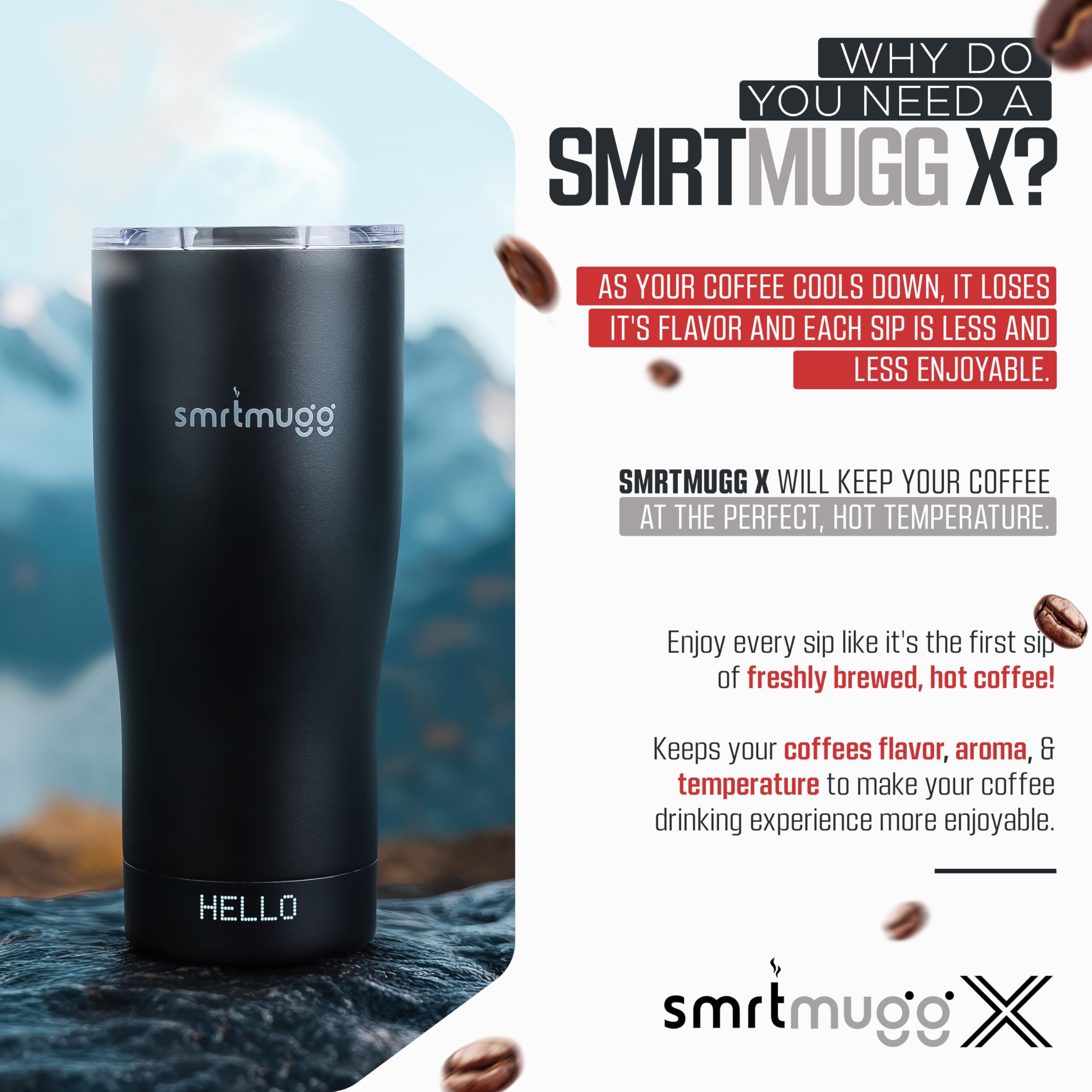 SmrtMugg X Self Heating Coffee Mug 19oz with LCD Temperature Display 8-Hour Battery & Charging Coaster