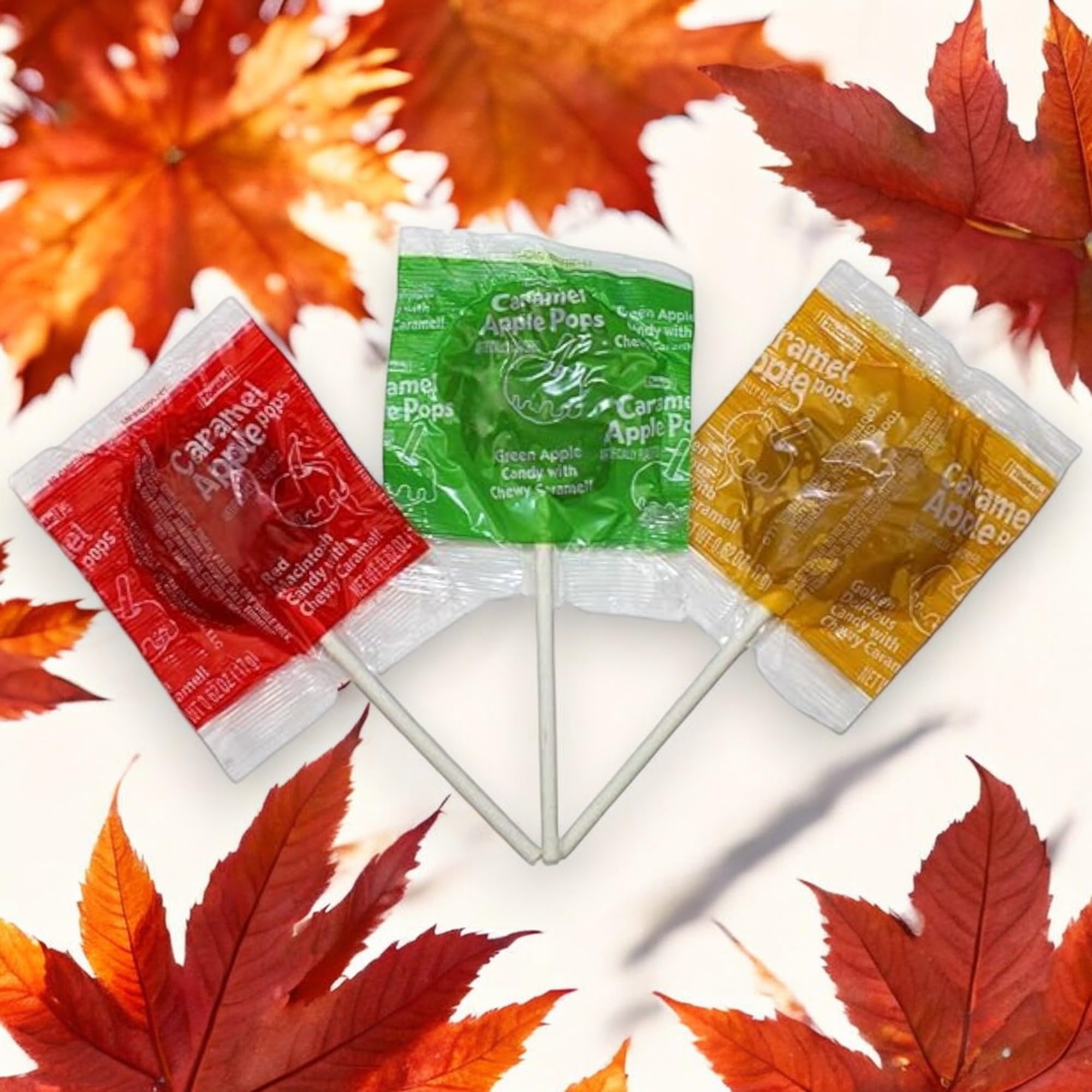 Caramel Apple Pops Variety Pack – Assorted Green Apple, Golden Delicious & Red Macintosh Flavors – Individually Wrapped Halloween Lollipops