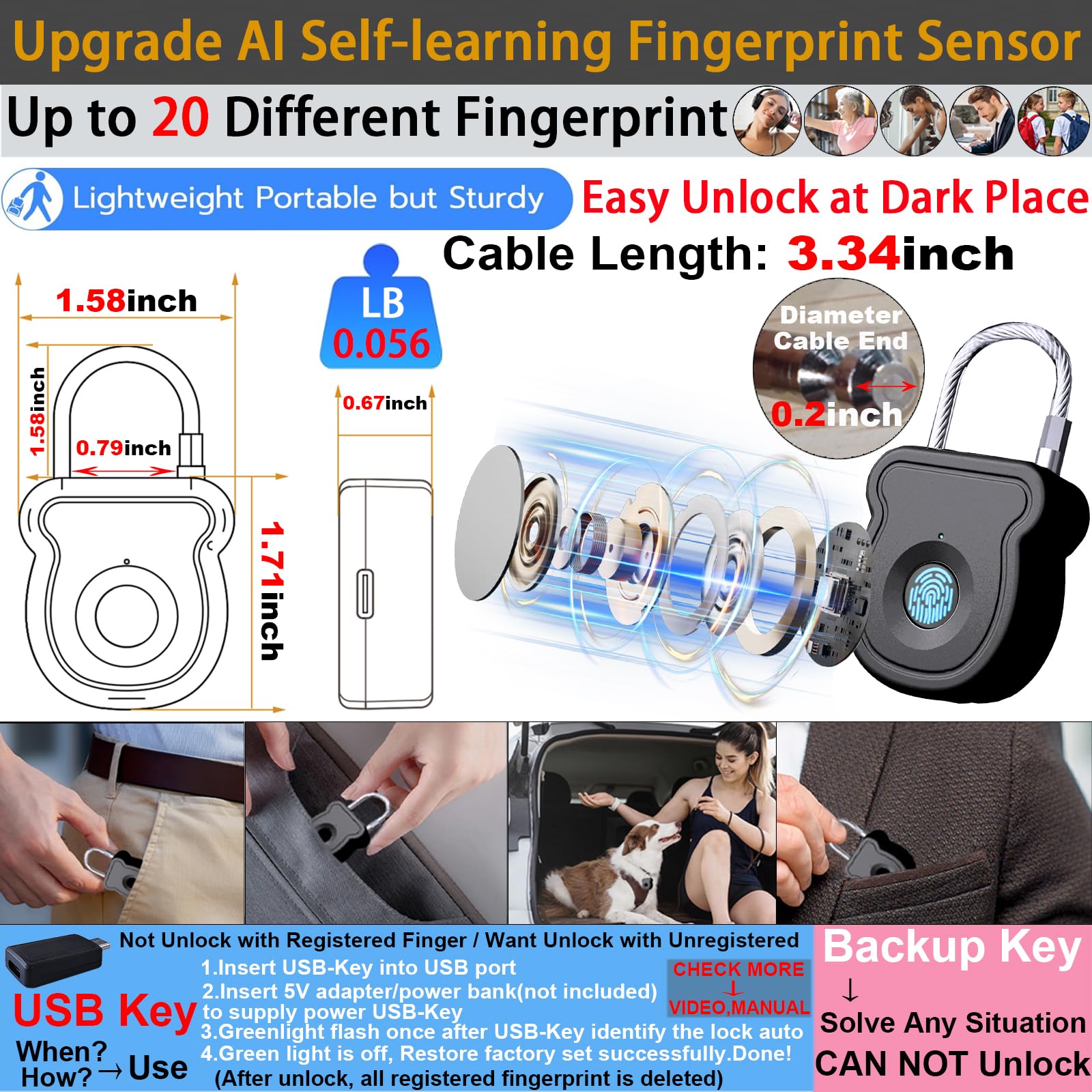 Fingerprint Cable Padlock with USB-C Emergency Key, Keyless Biometric Security Lock for Gym Locker, Bags & Indoor Storage